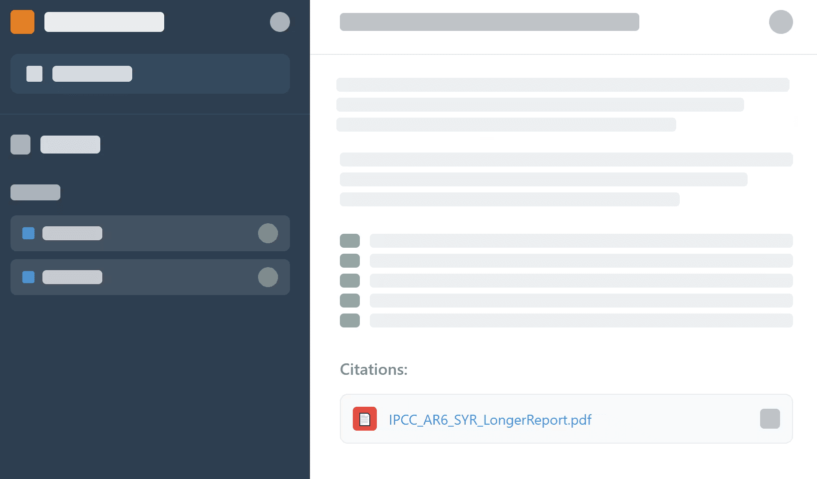 Transparent document citation system displaying source references, downloadable PDFs, and original document links for AI-generated responses