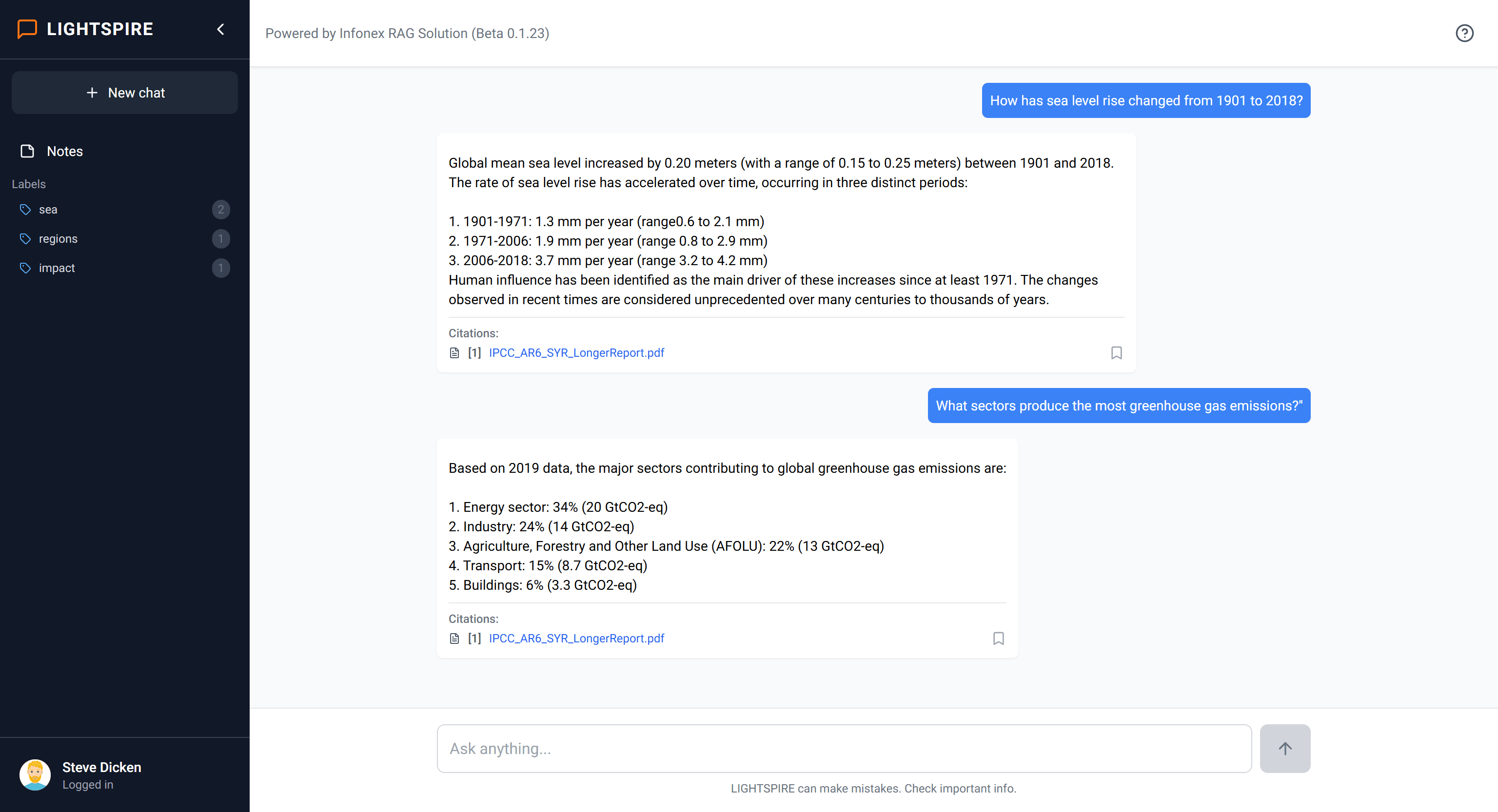 Lightspire AI knowledge management platform dashboard showing document processing and chat interface
