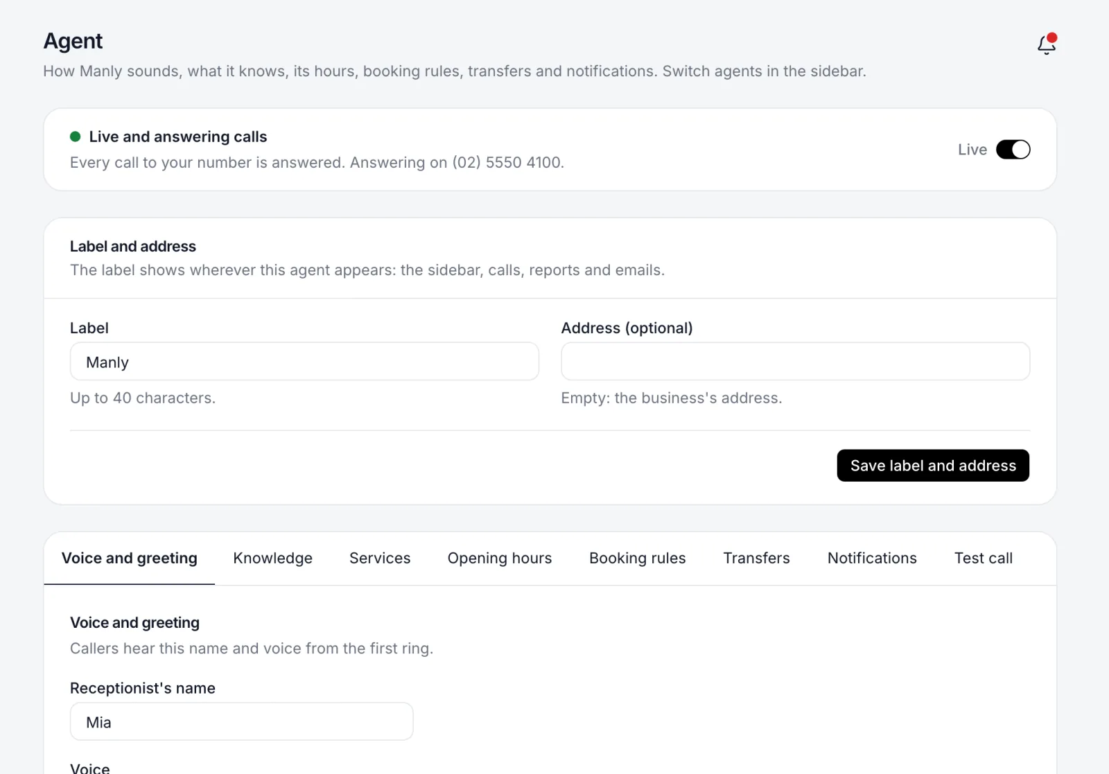 An agent's settings with tabs for voice and greeting, knowledge, services, opening hours, booking rules, transfers, notifications and a test call