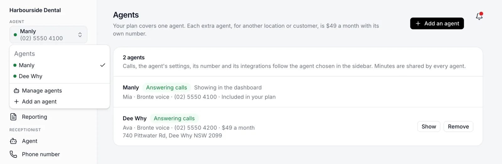 The Agents page listing two agents, Manly and Dee Why, with the agent switcher open in the sidebar