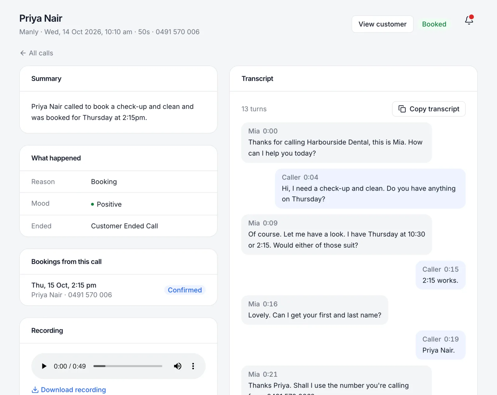 A call page with the summary, what happened, the booking it made, the recording and the full transcript