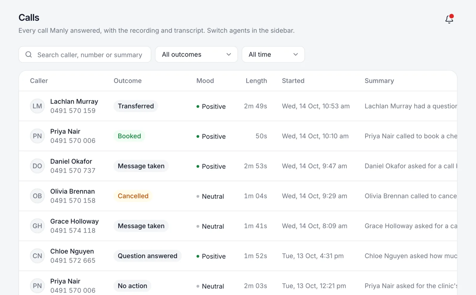 The Calls page listing calls with their outcome, length and time