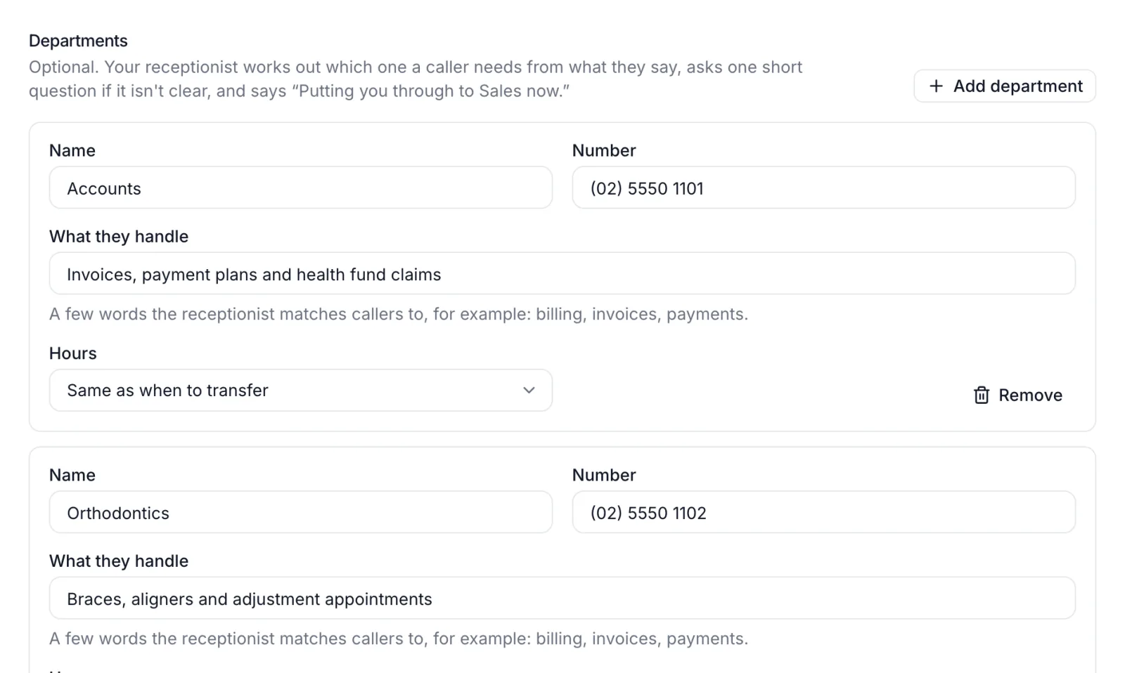 The Transfers tab with departments Accounts and Orthodontics, each with a number and what they handle