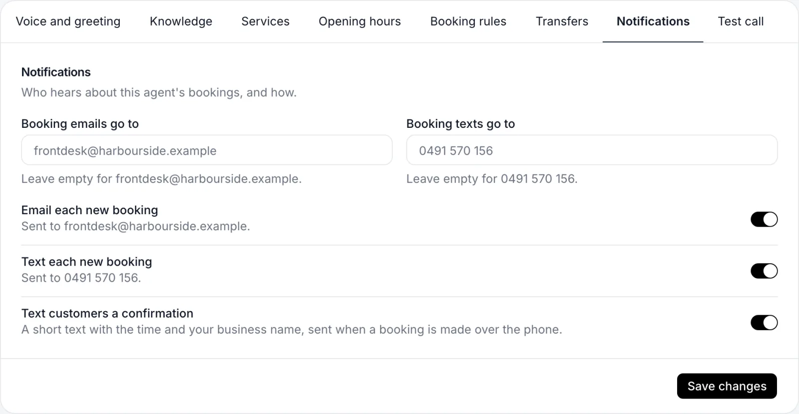 An agent's notification settings: booking emails and texts and the caller's confirmation text