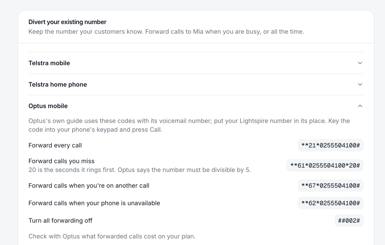 The Optus mobile divert codes with the Lightspire number filled in