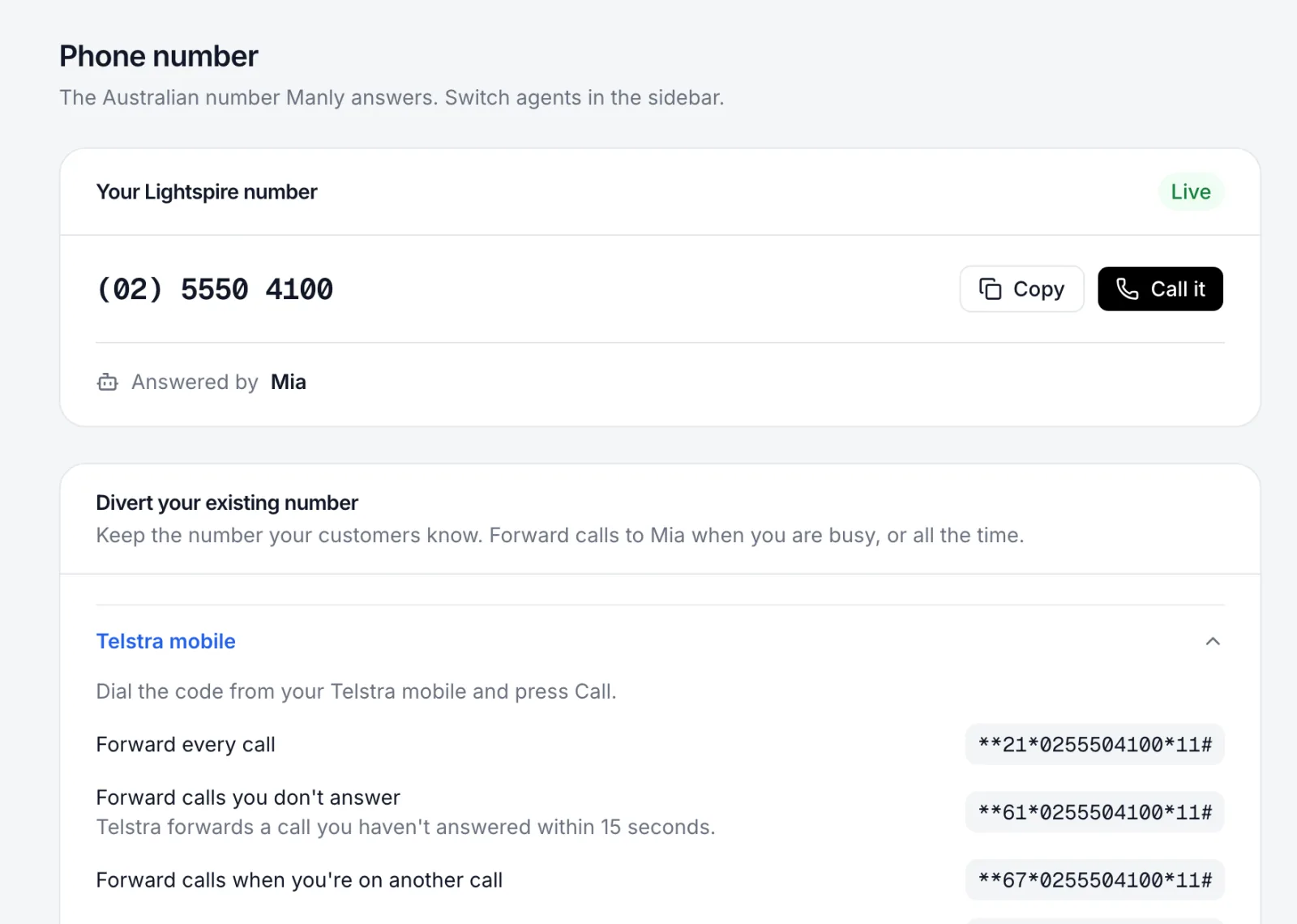 The Phone number page with the business's Australian number and the Telstra codes to divert an existing phone