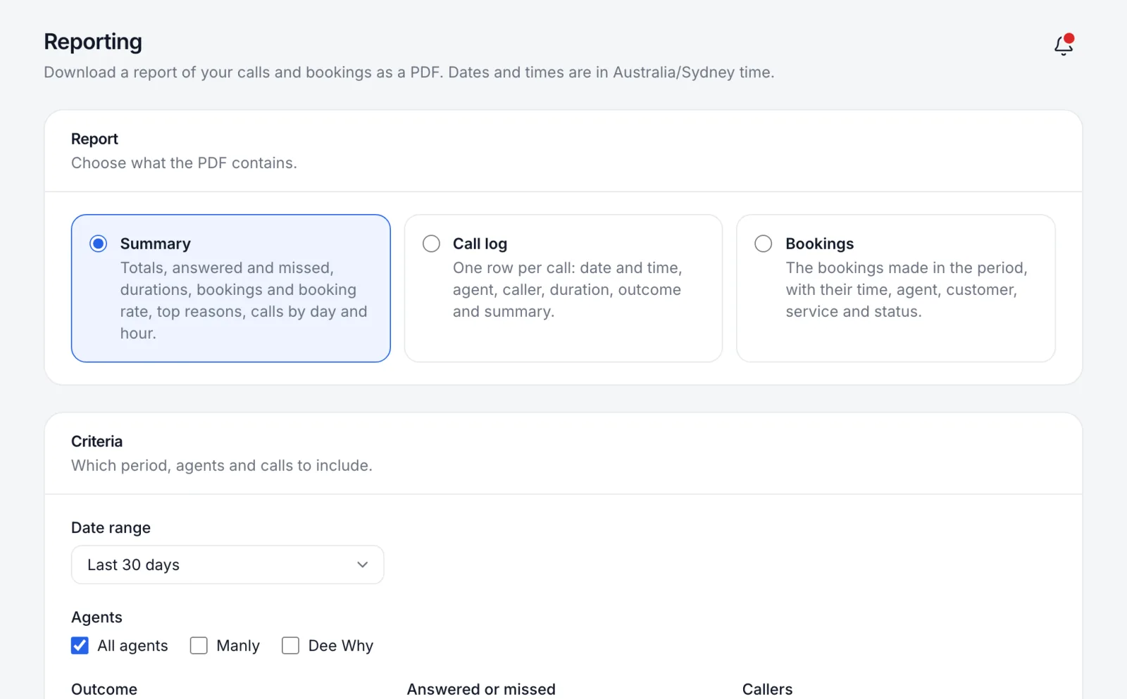 The Reporting page with the report type, dates, agents and outcome to choose