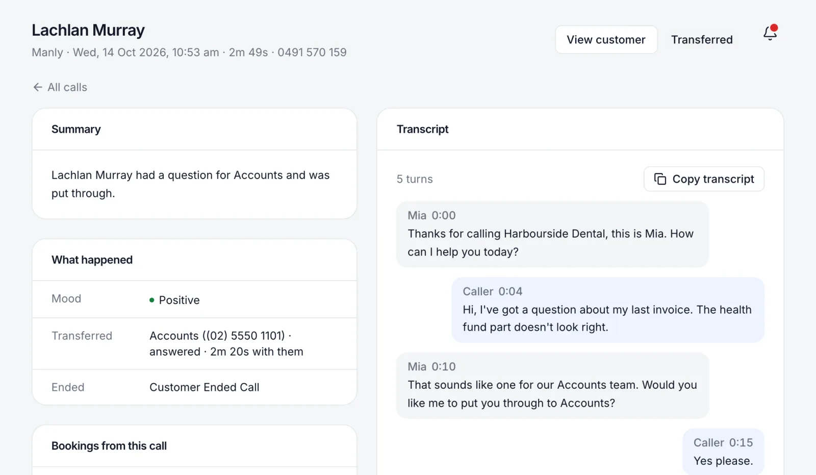 A call put through to Accounts, with the transfer, the time with the team and the transcript