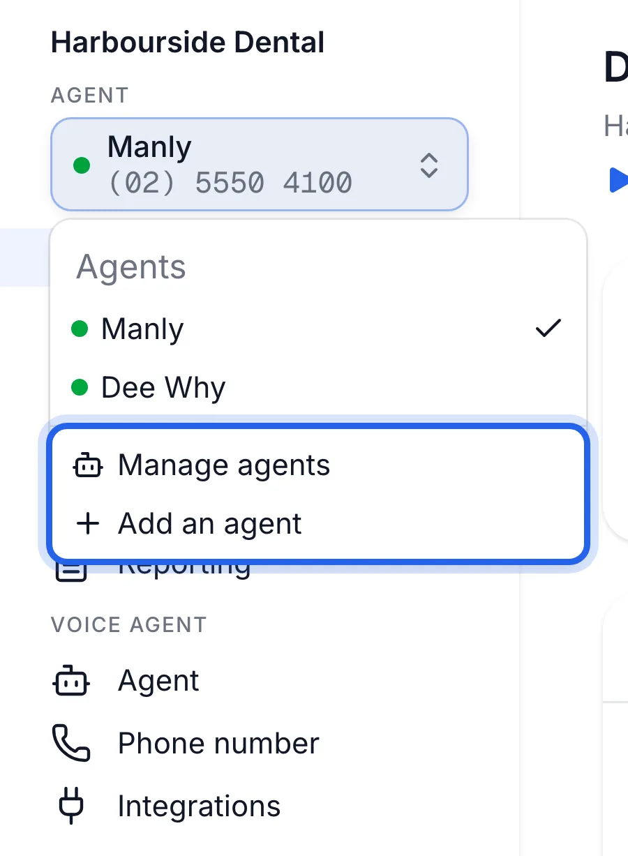 the sidebar agent menu open, with Manage agents and Add an agent highlighted