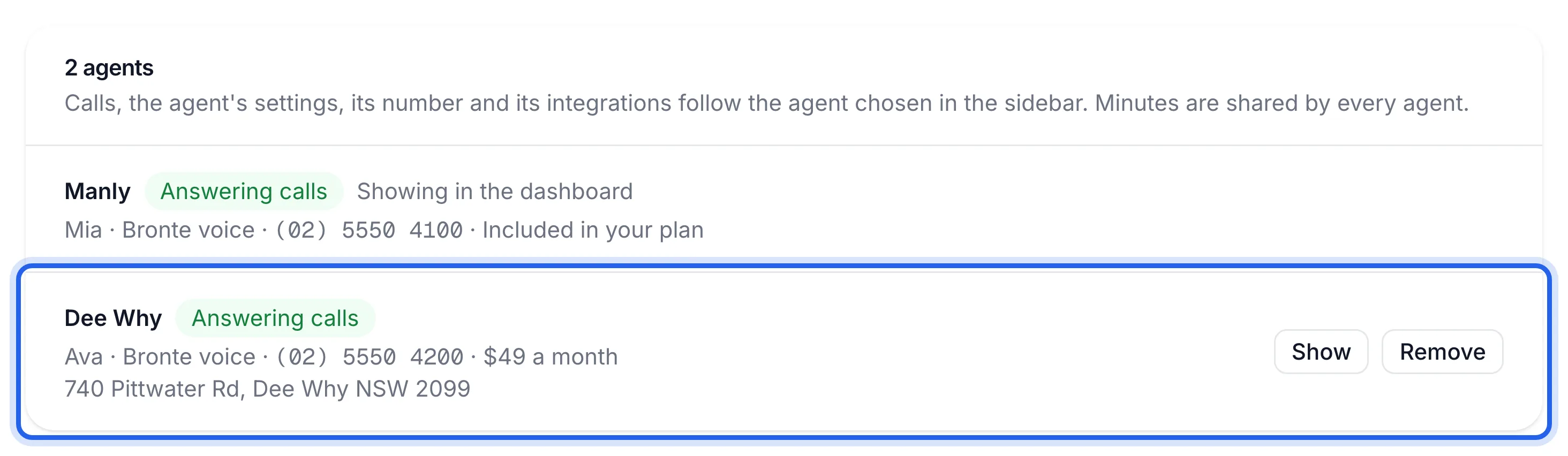 Agents page with the new agent's row showing Answering calls and its number