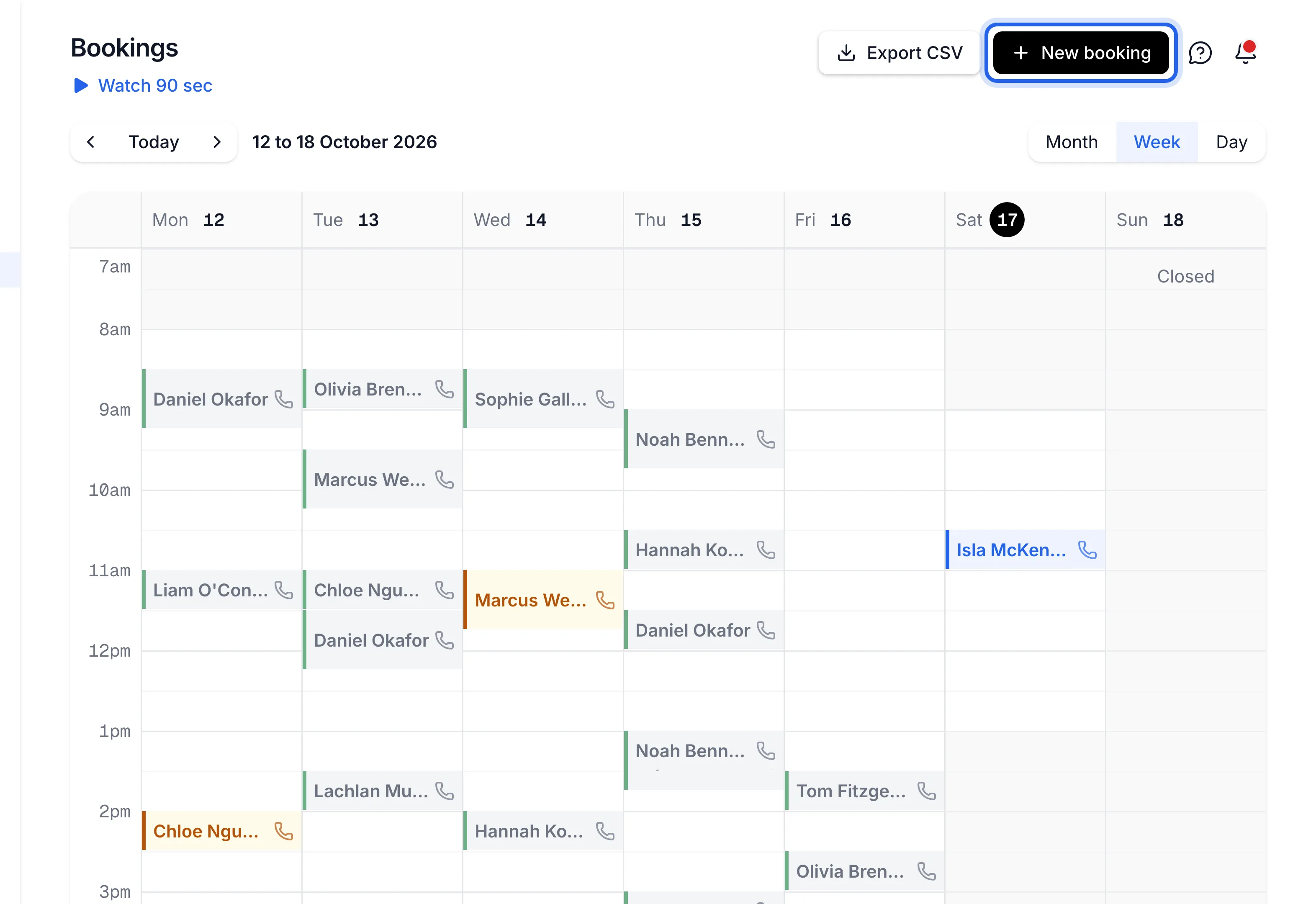 the Bookings page in Week view with the New booking button highlighted