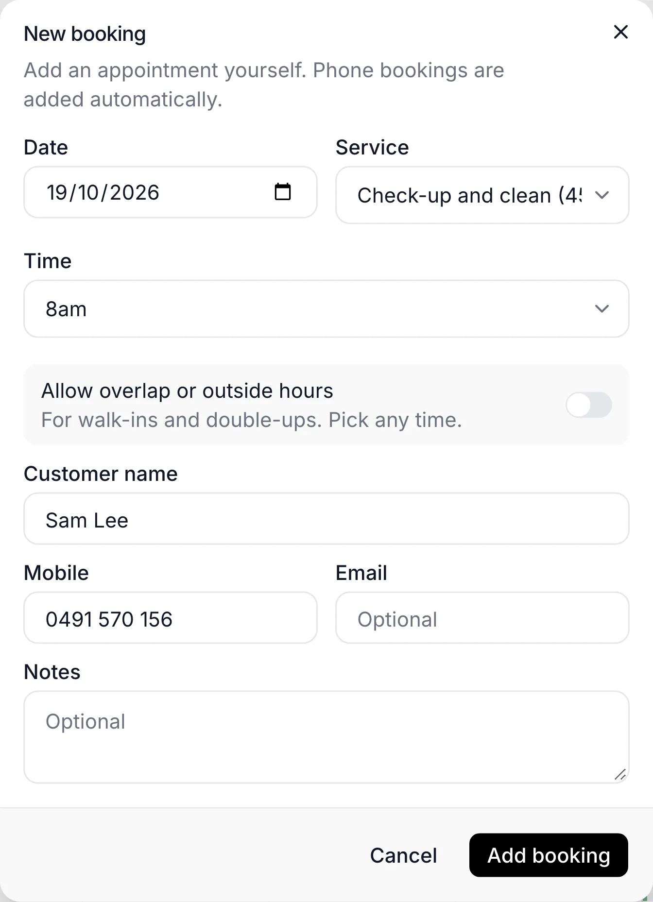 the New booking box with the date, service, time and customer fields filled in