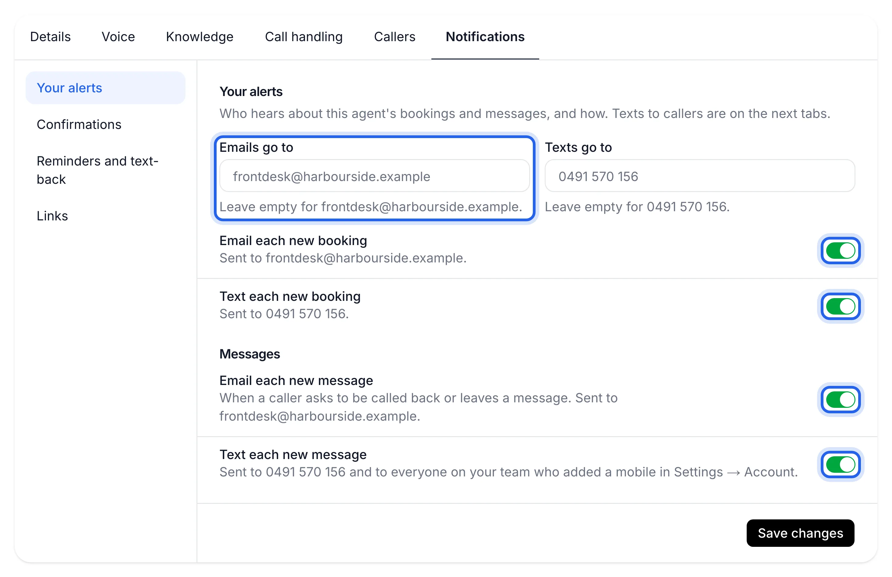 Agent page, Notifications, Your alerts tab, with Emails go to and the four switches highlighted