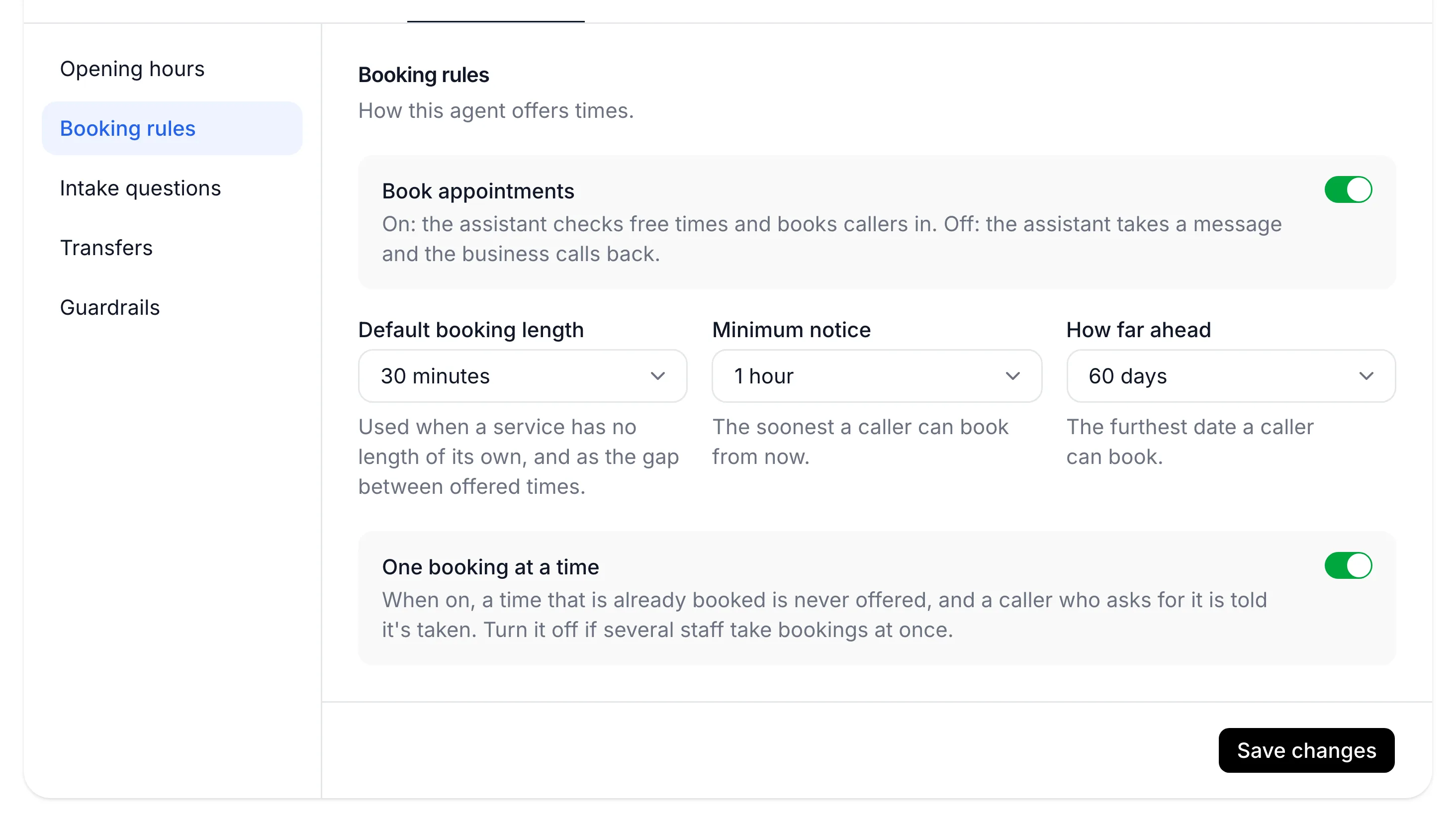 the Agent page on the Booking rules tab, all fields visible