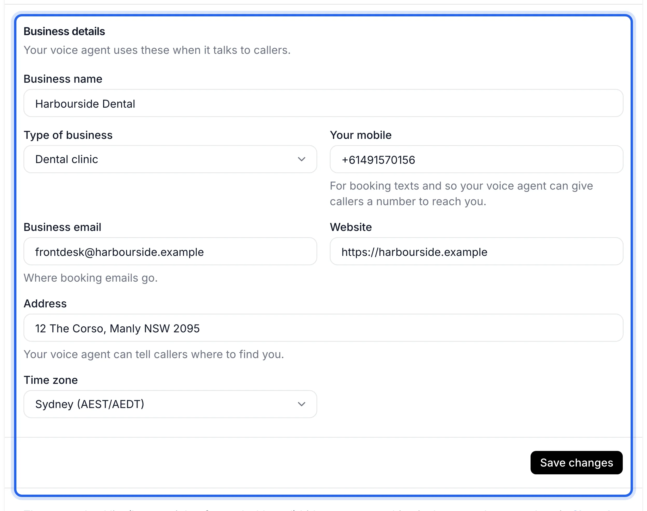 Settings, Business tab, with the Business details form highlighted