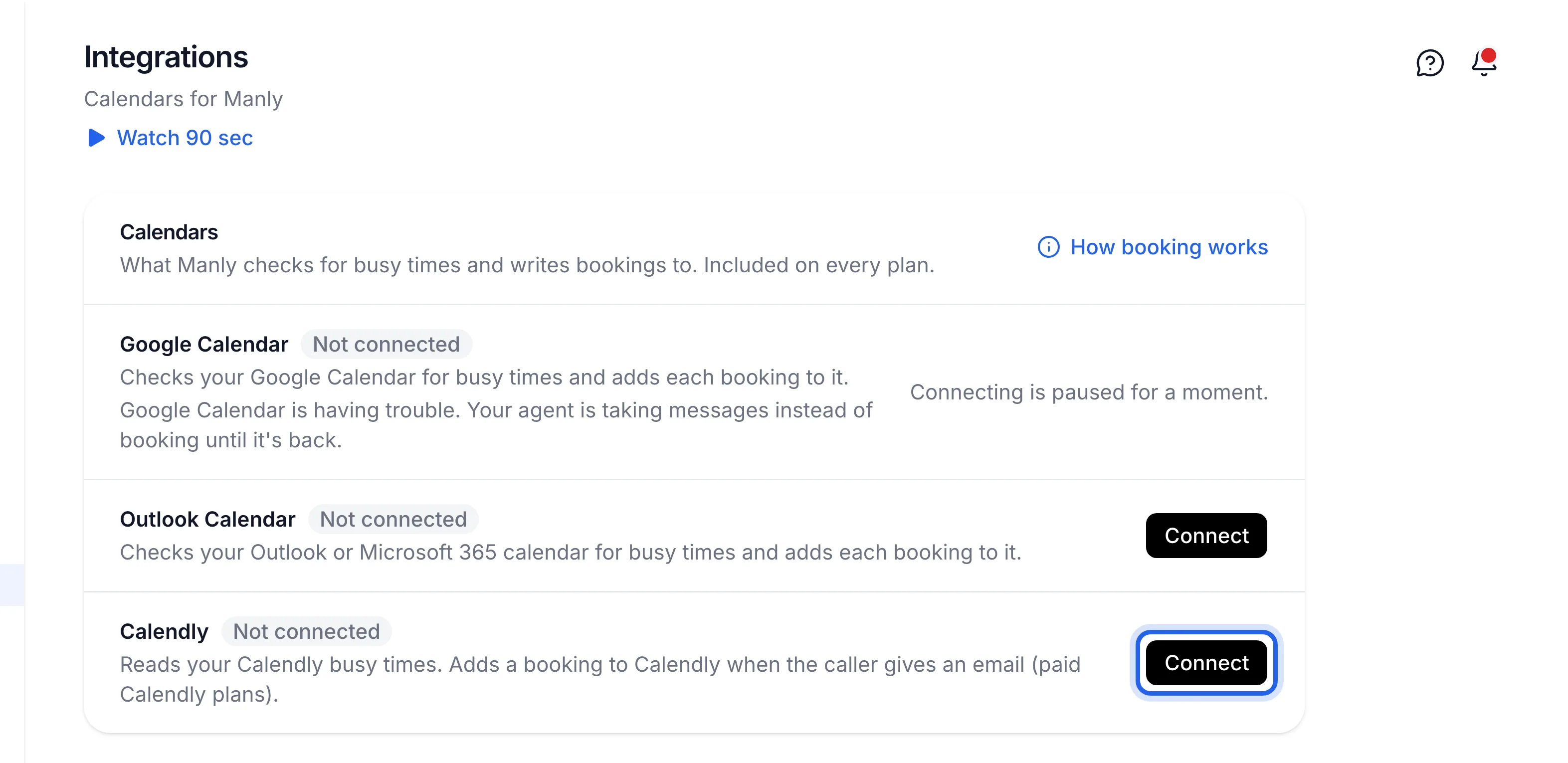 the Integrations page with the Calendly row's Connect button highlighted