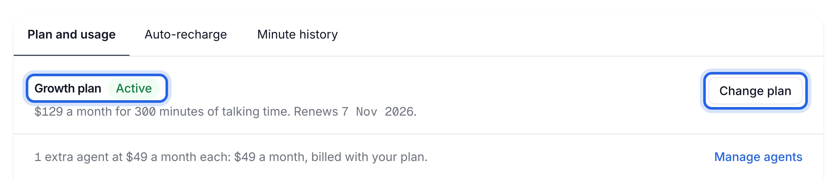 Billing, Plan and usage tab, with the plan name and Change plan highlighted