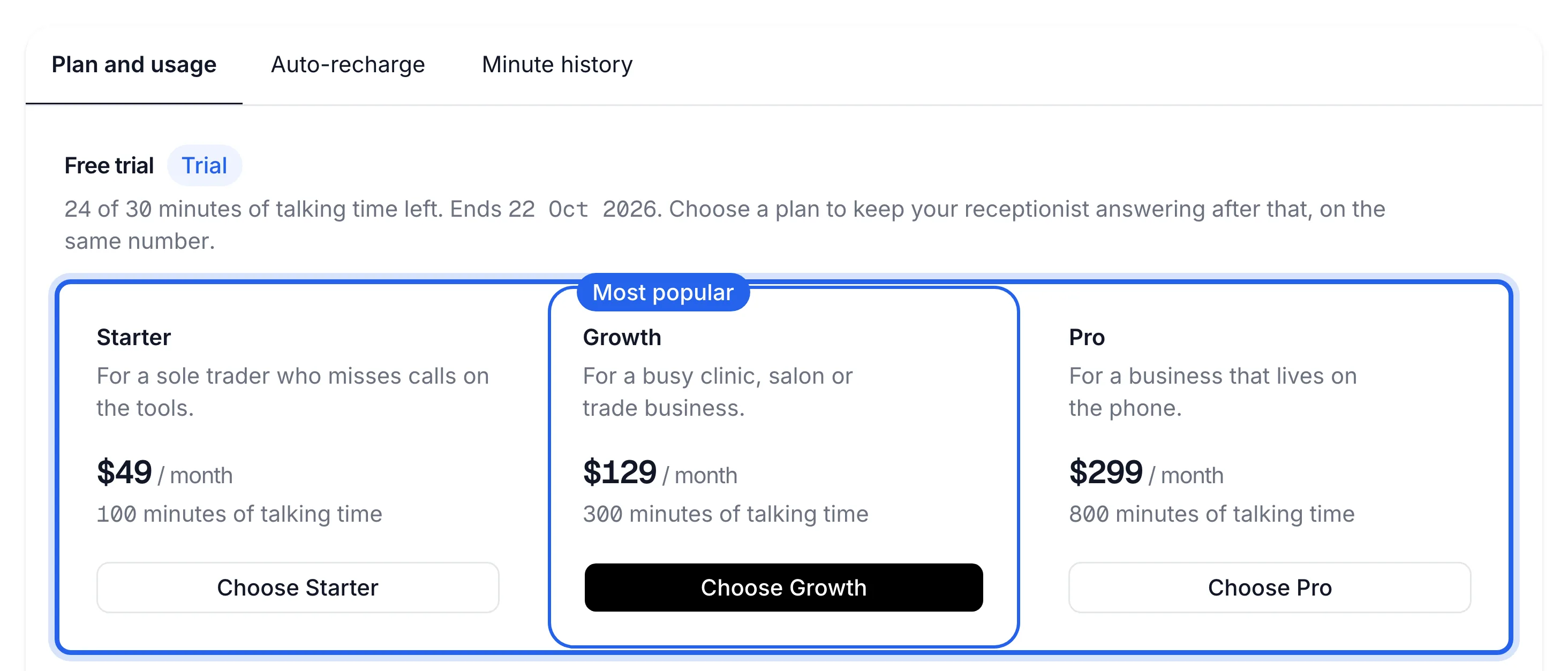 Billing, Plan and usage tab, showing the Free trial section and the three plan cards