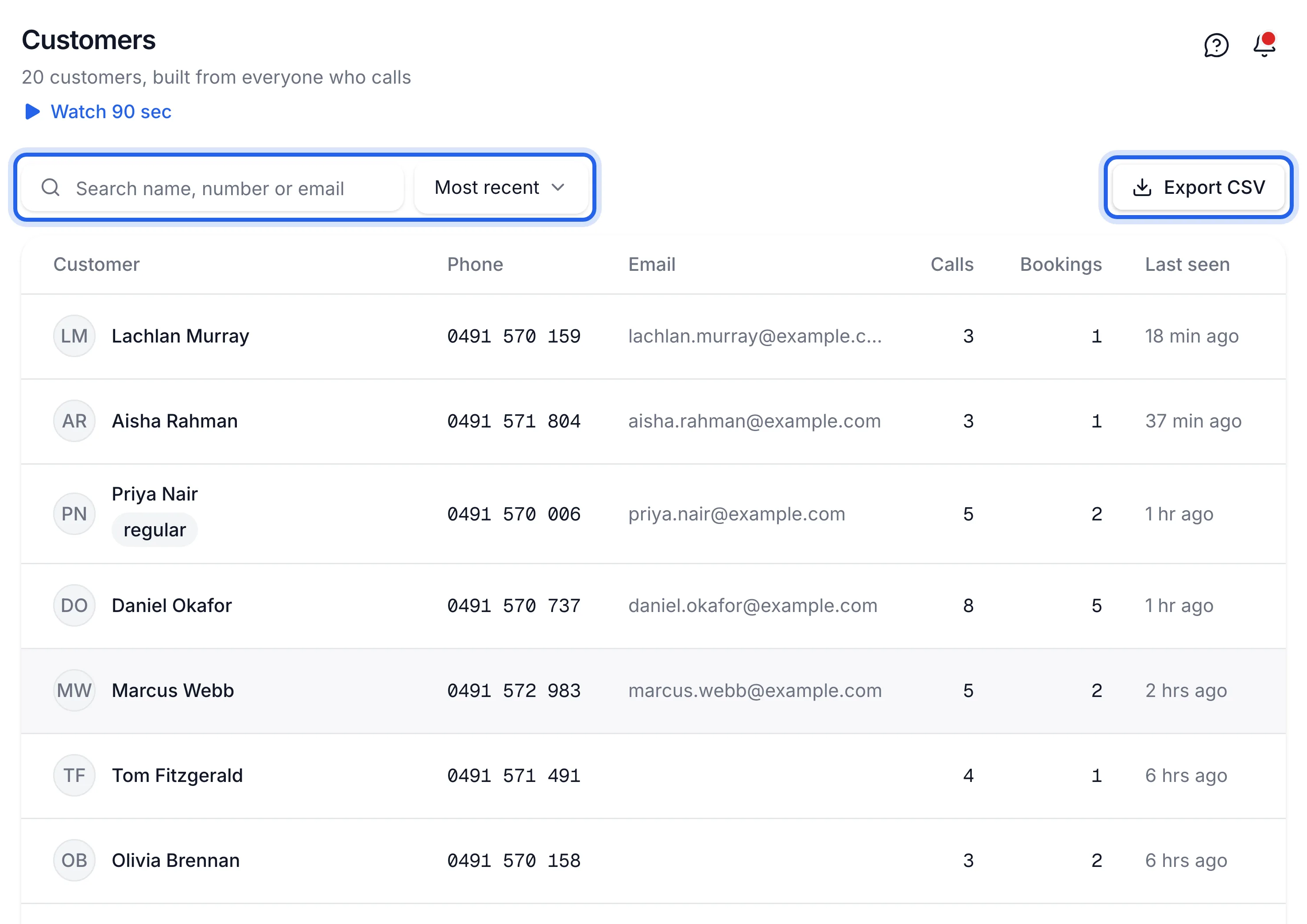 Customers page with the search box, the sort menu and Export CSV highlighted