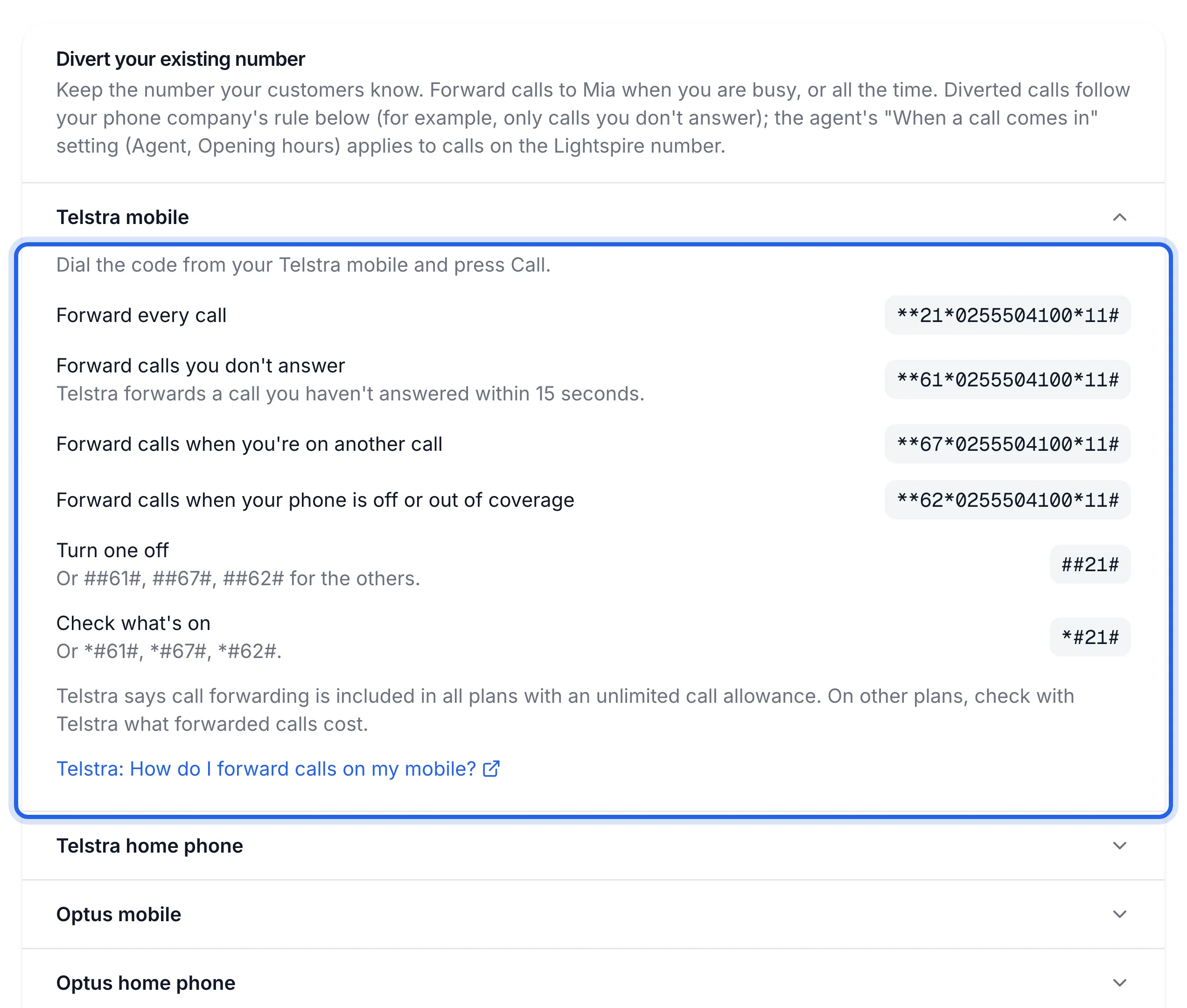the Phone number page with the Telstra mobile row open under Divert your existing number, the codes highlighted