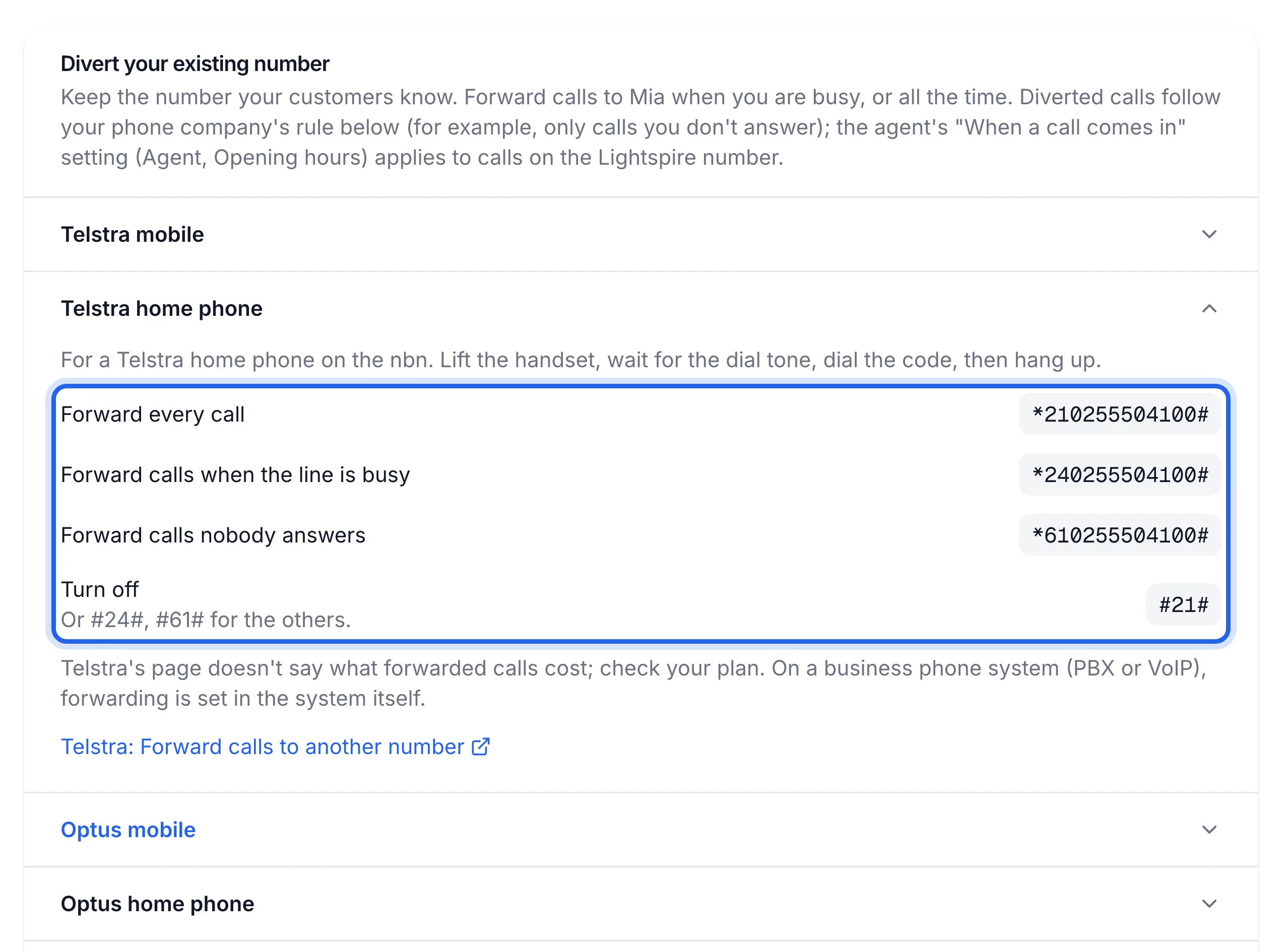 the Phone number page with the Telstra home phone row open and its four codes highlighted