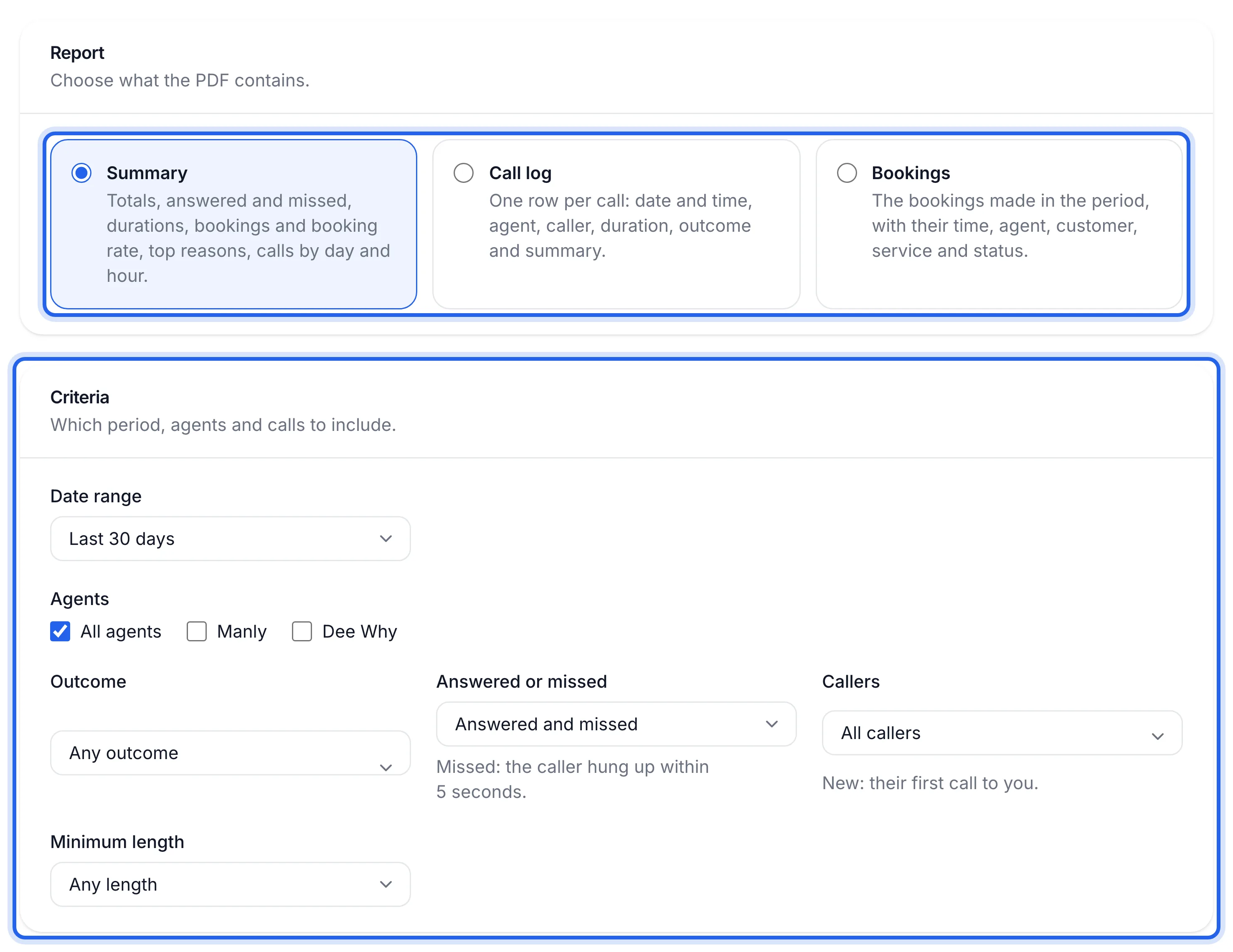 Reporting page with the three report cards and the Criteria panel highlighted