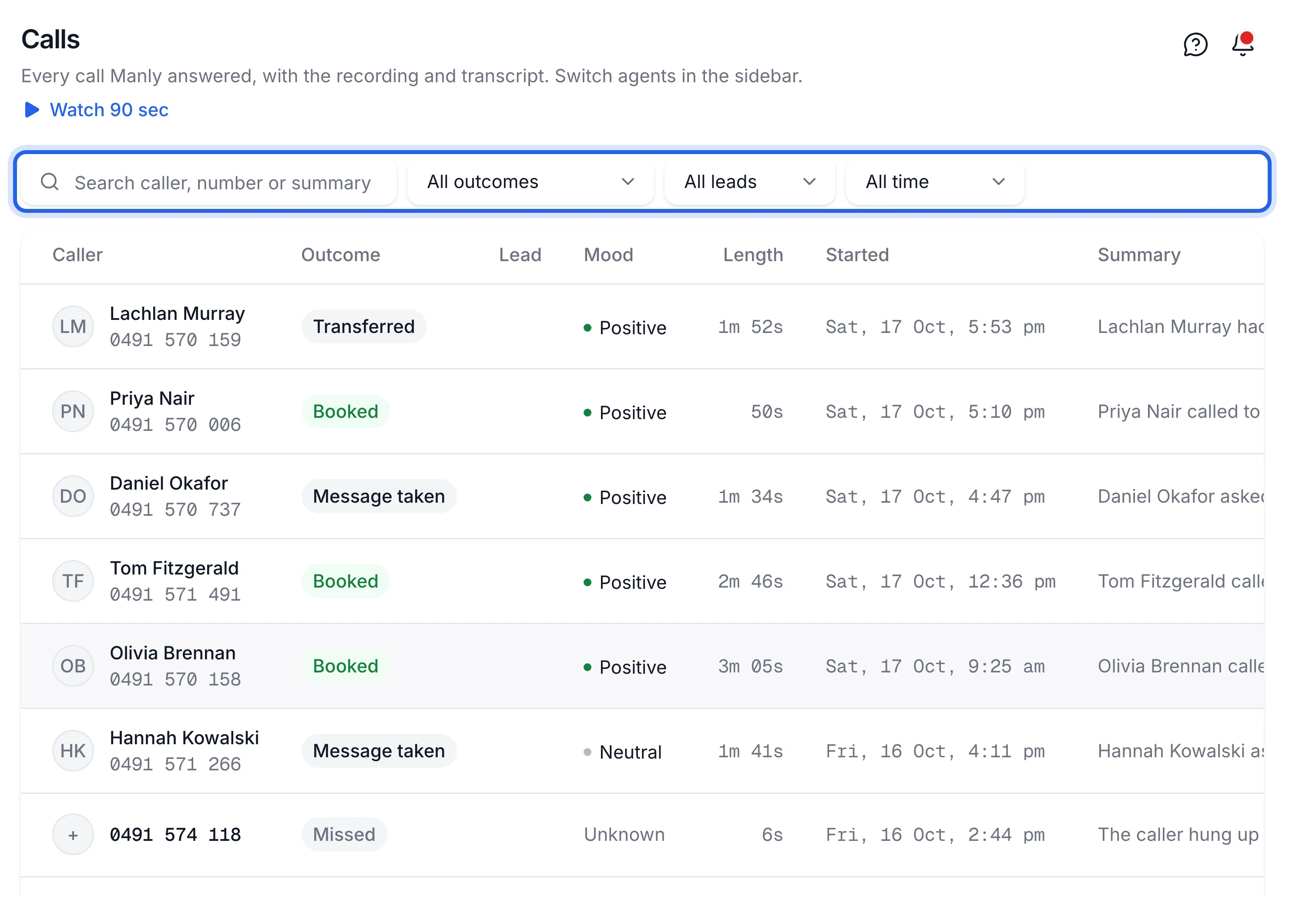 Calls page with the table, the search box and the two filter menus highlighted