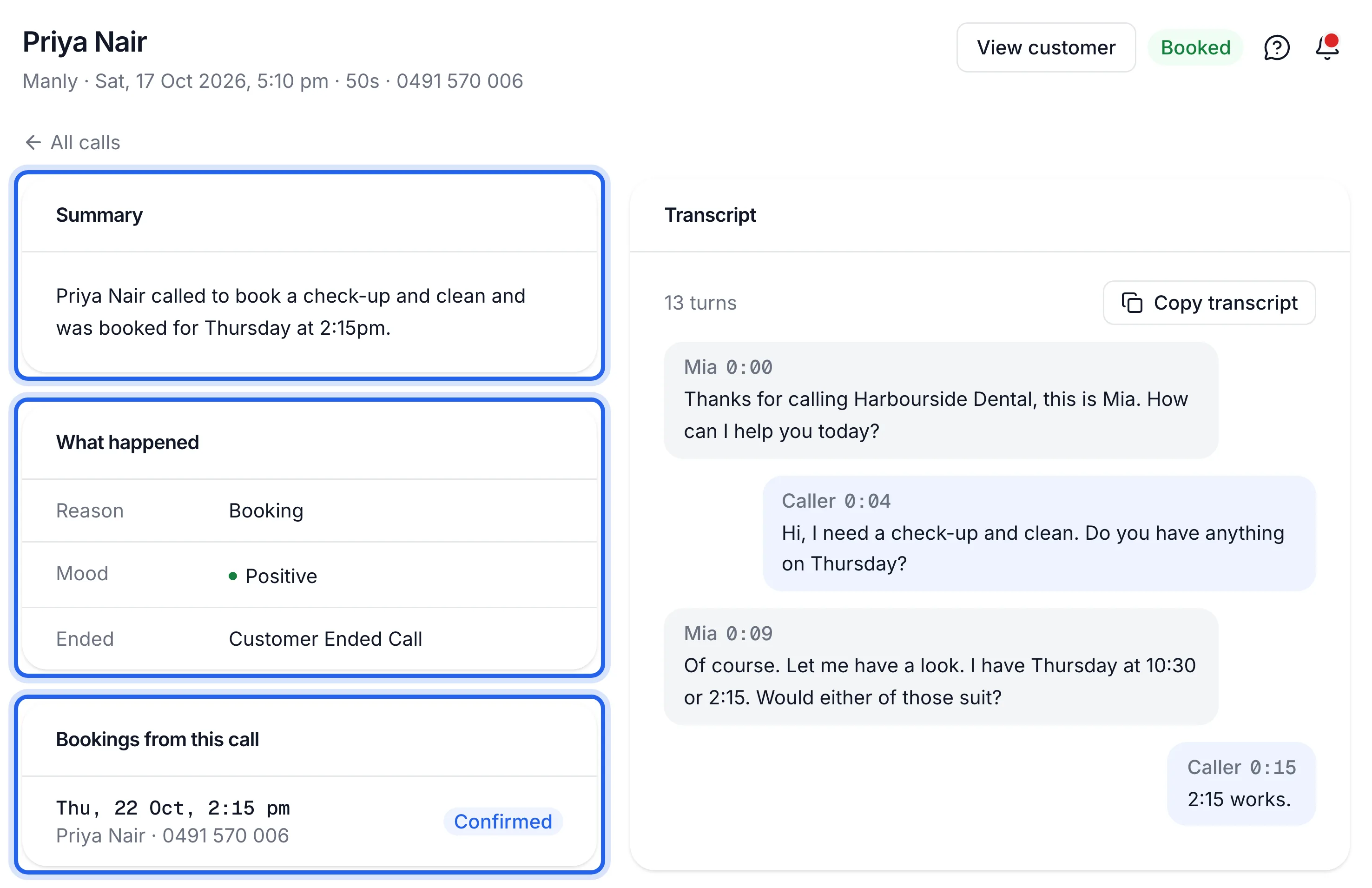 a call page with Summary, What happened and Bookings from this call highlighted