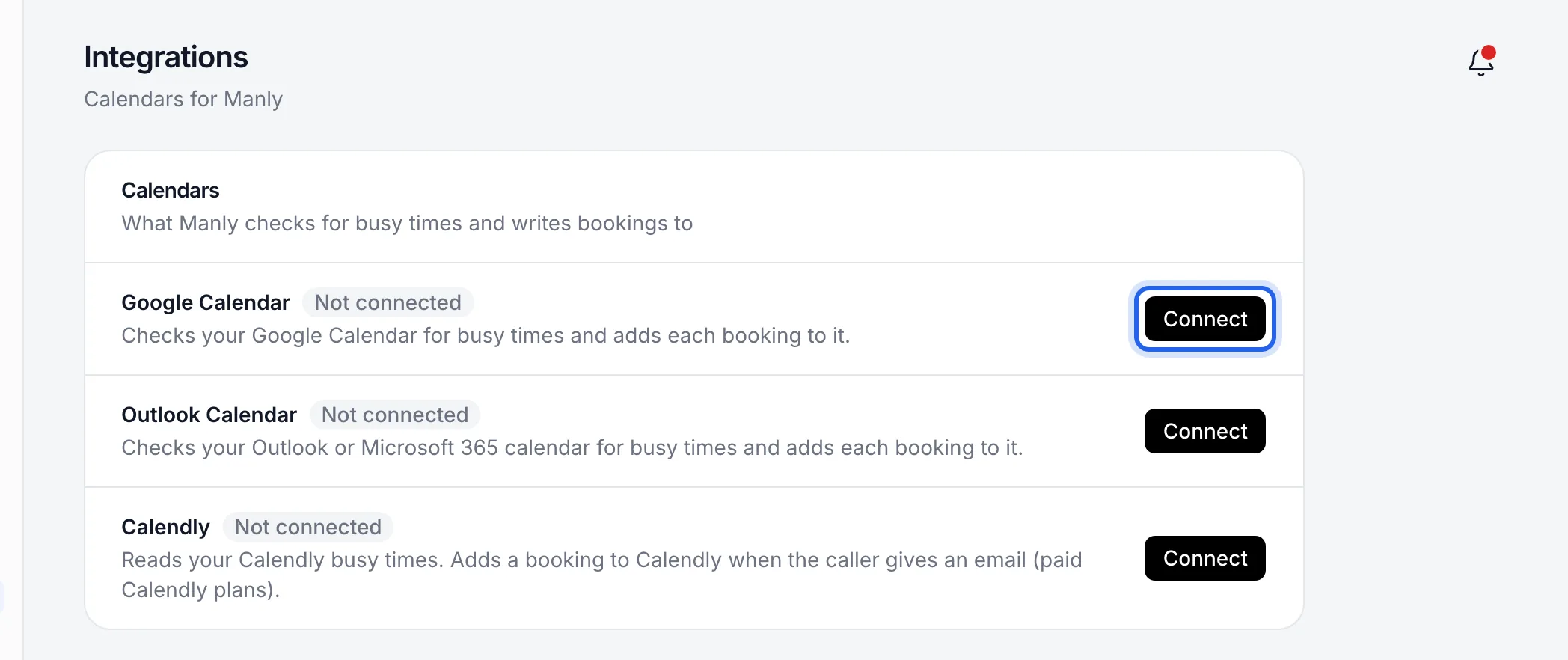 the Integrations page with the Calendars panel, Google Calendar's Connect button highlighted