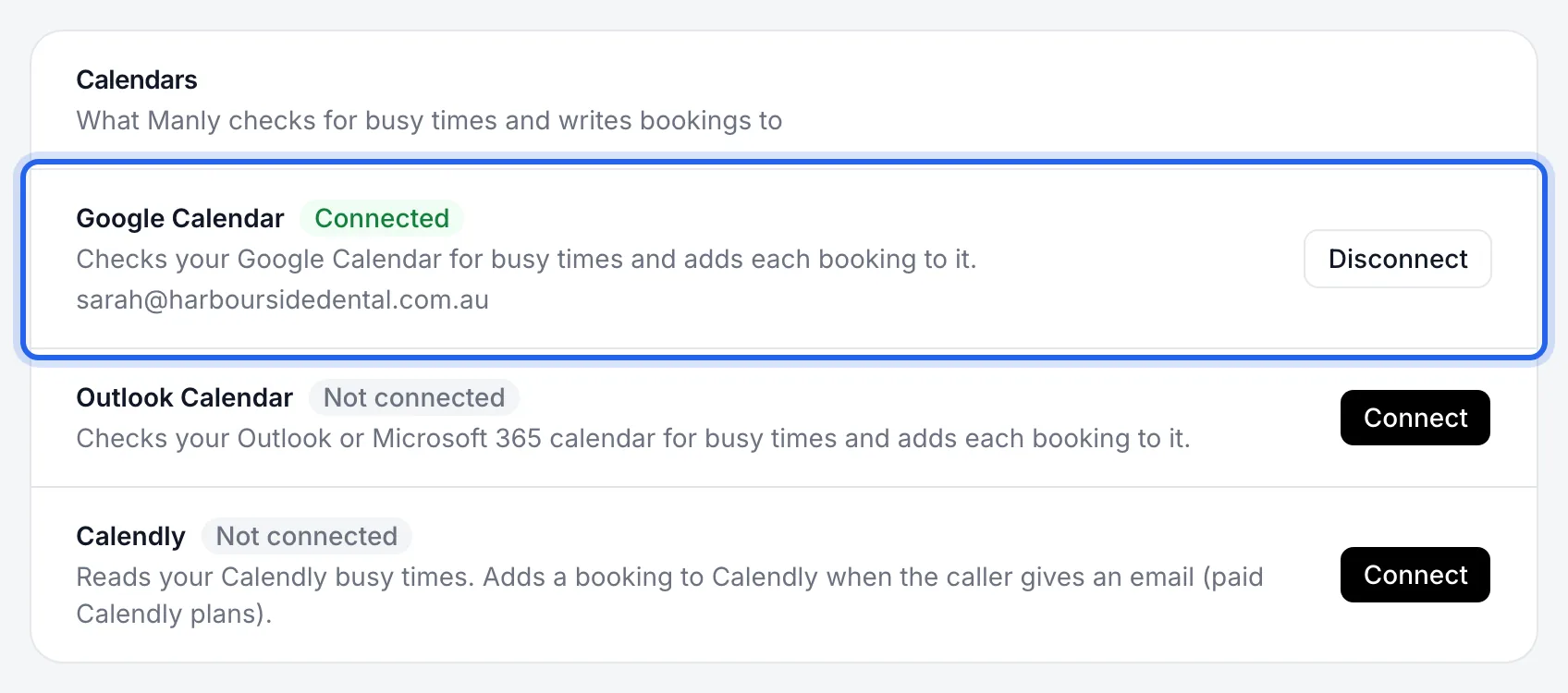 the Google Calendar row showing Connected and the Google email