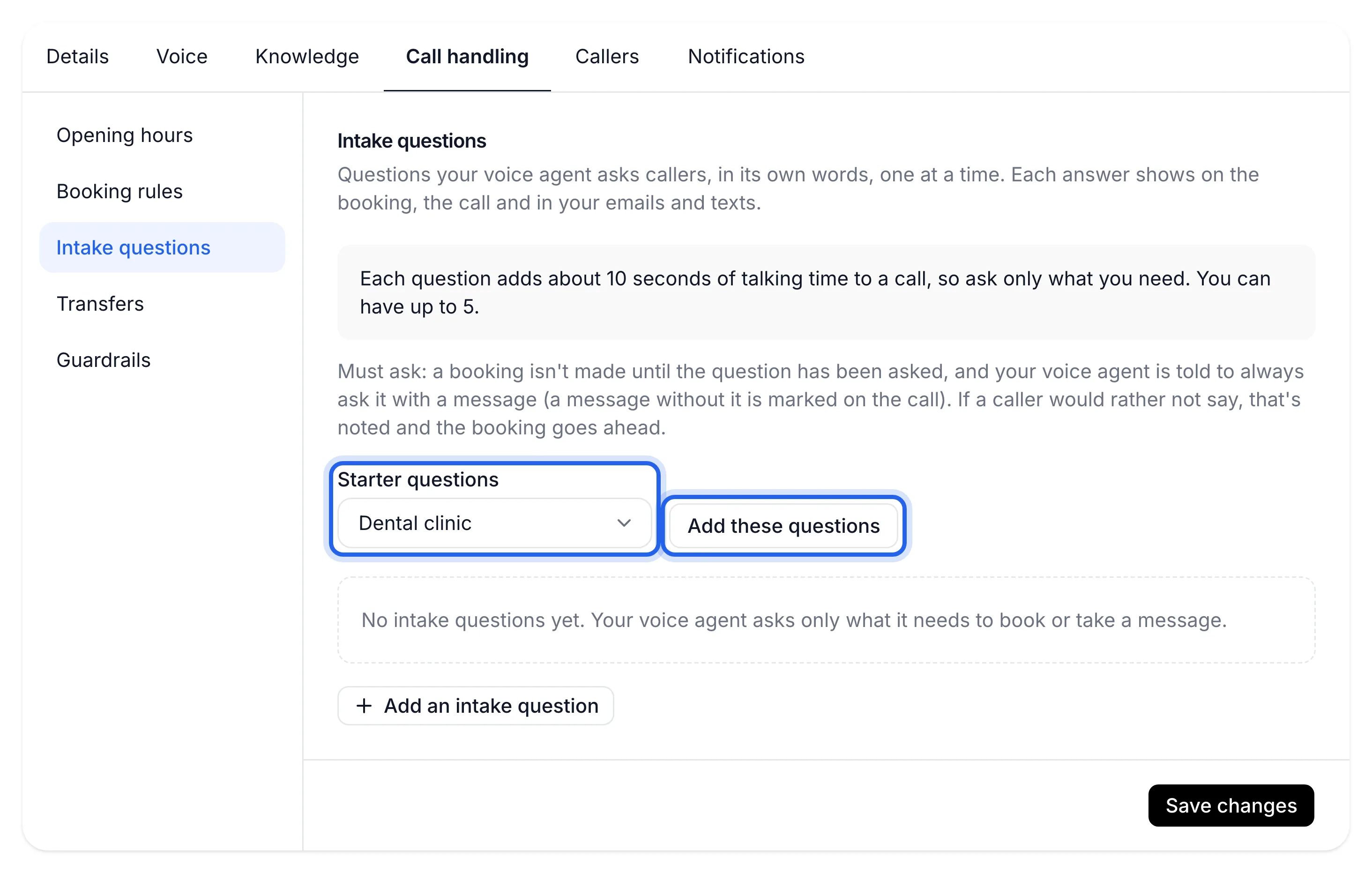 Agent page, Intake questions tab, with the Starter questions select and the Add these questions button highlighted