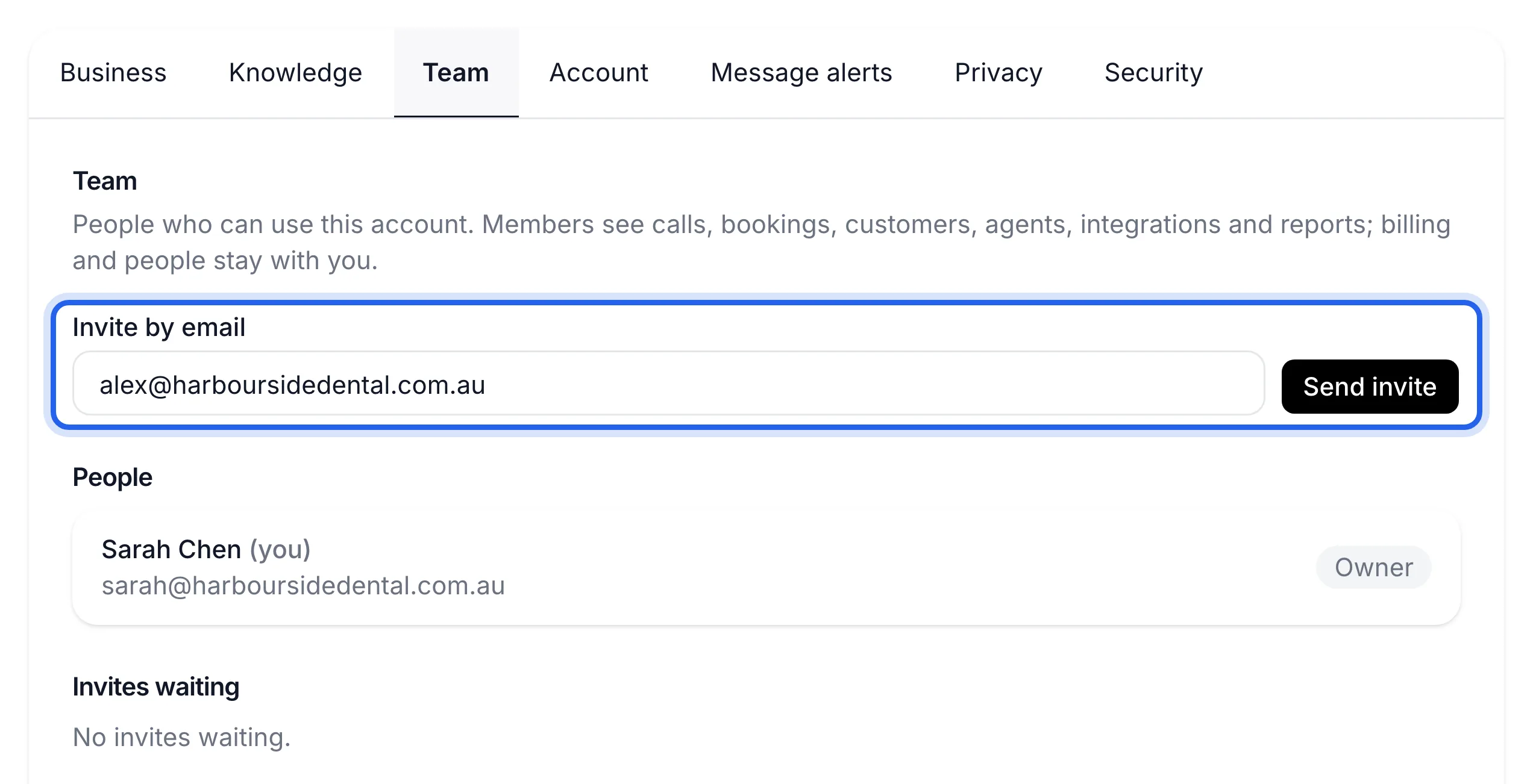 Settings, Team tab, with the Invite by email field and Send invite highlighted