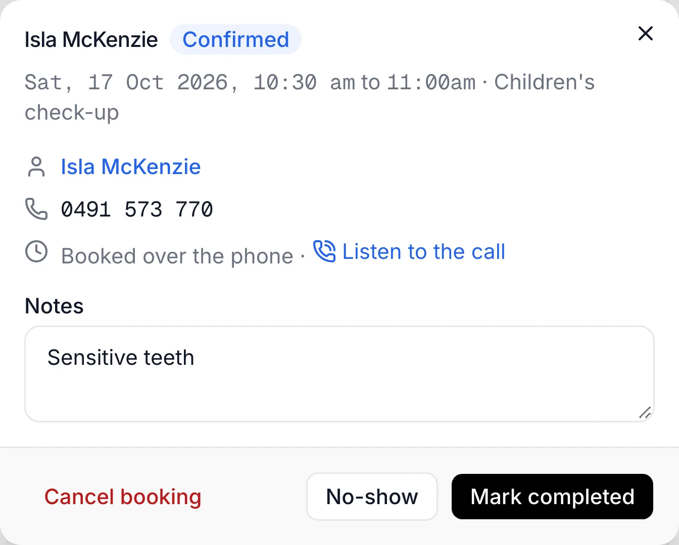 the booking box with the customer details, Listen to the call and the Notes field