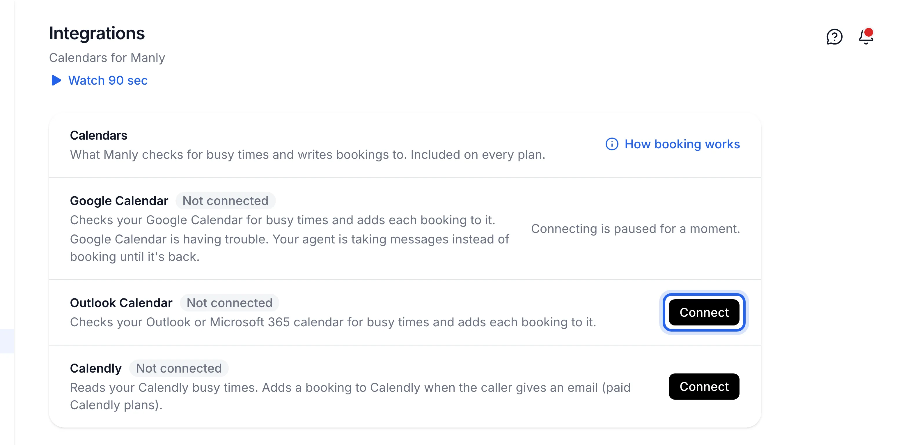 the Integrations page with the Outlook Calendar row's Connect button highlighted