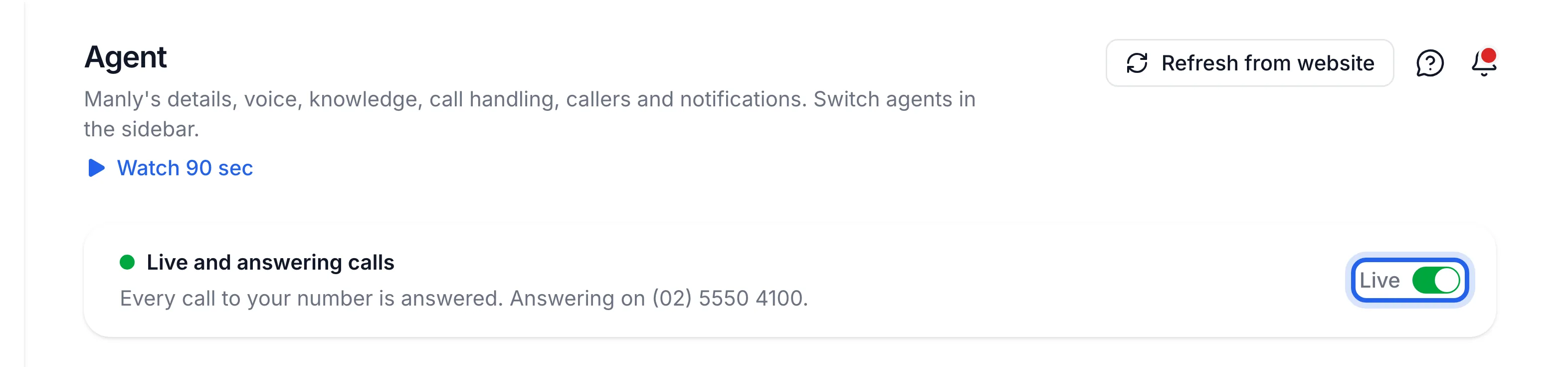 the Agent page status card with the Live switch on the right highlighted