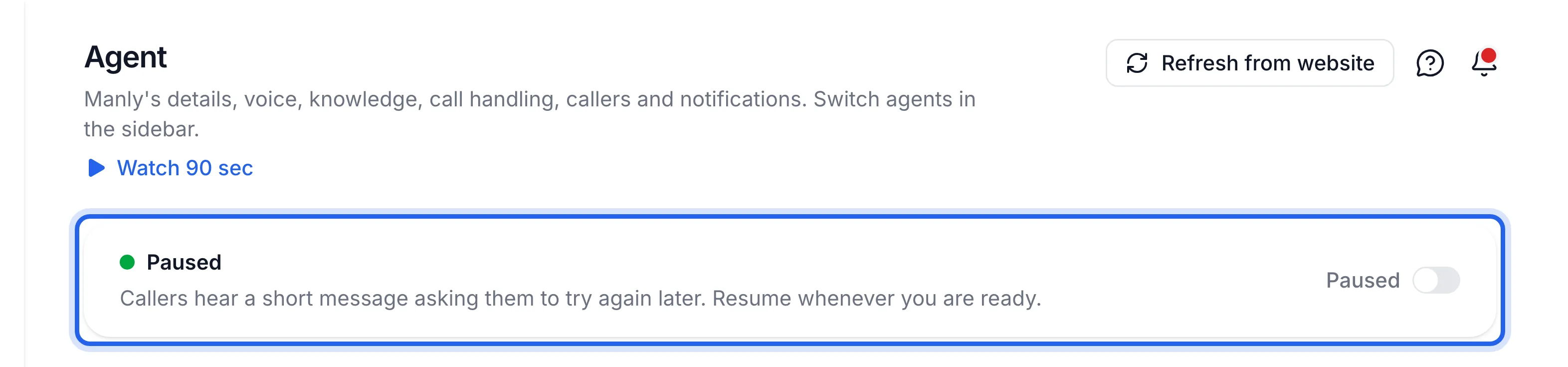 the Agent page status card showing Paused