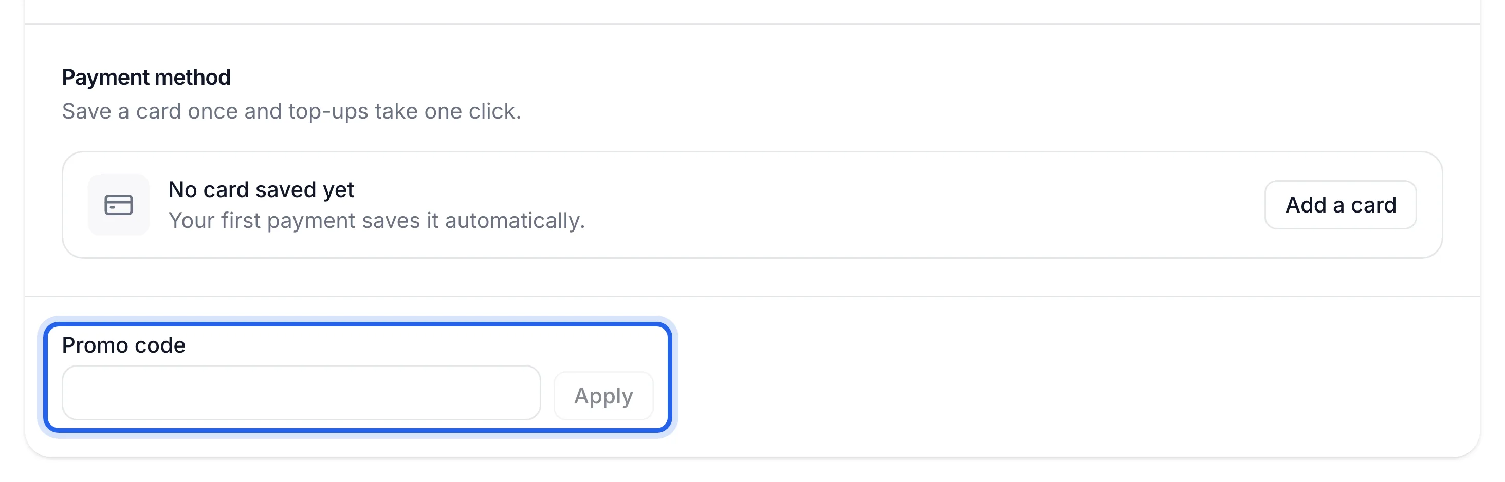Billing, Plan and usage tab, the Promo code field with Apply highlighted