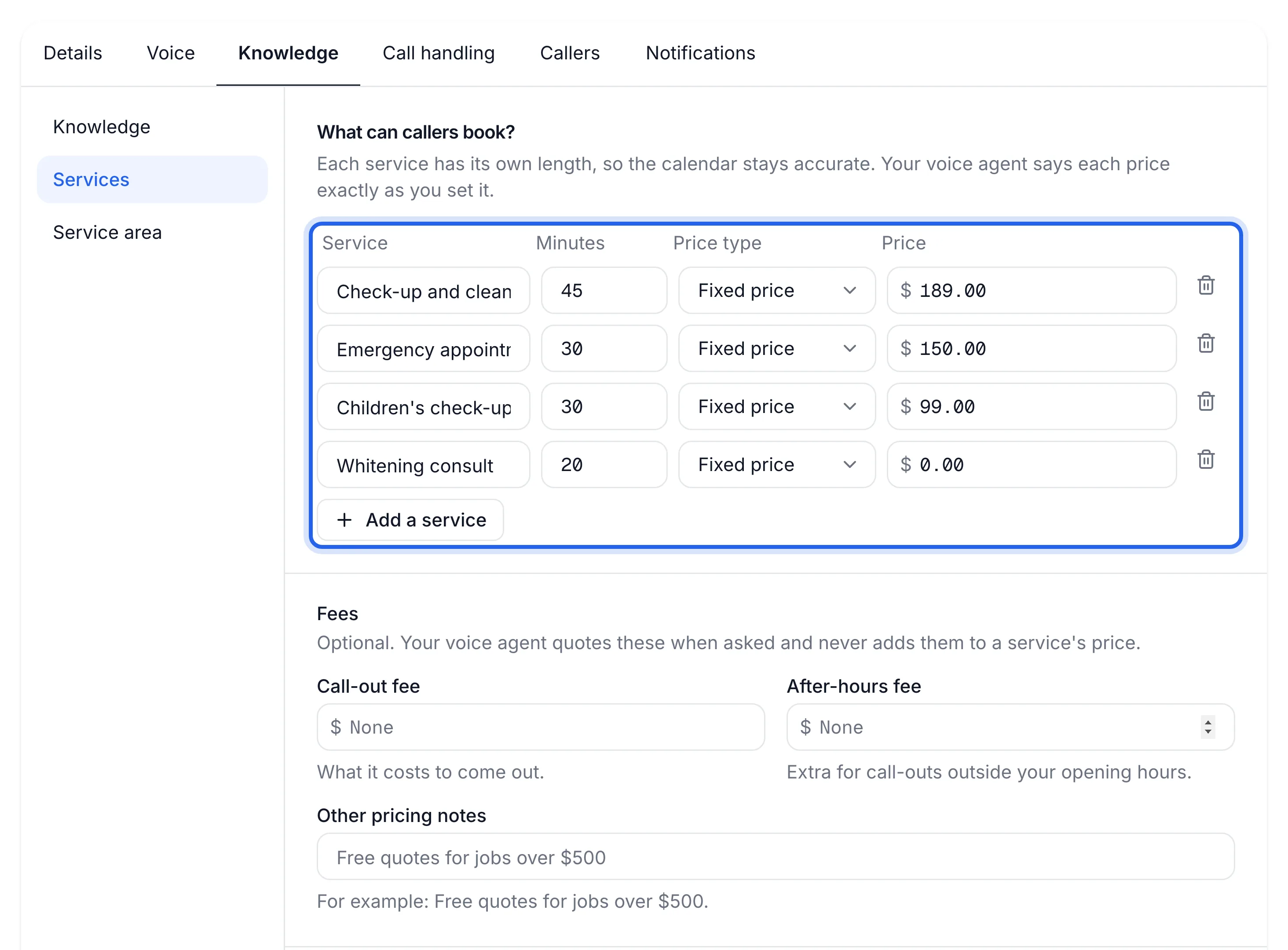 Agent page, Services tab, with the list of services highlighted