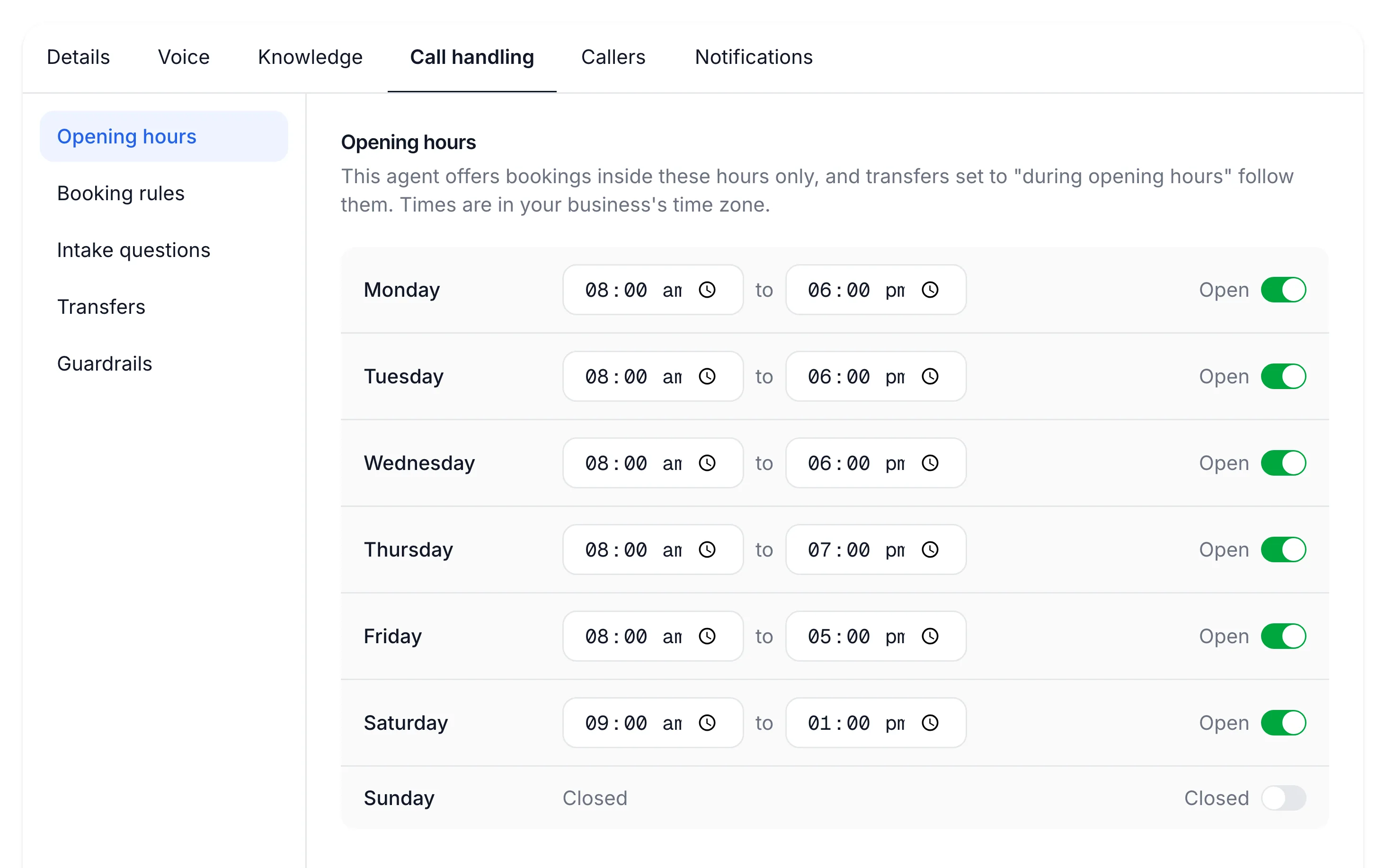 Opening hours tab with Monday to Friday open, Saturday open 9:00 to 13:00 and Sunday switched to Closed