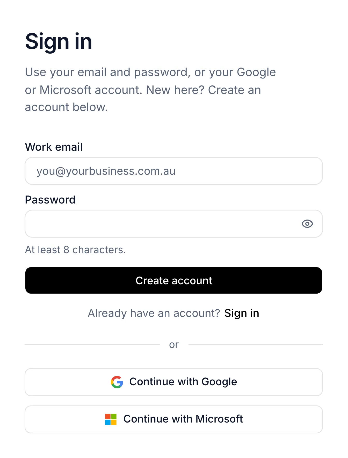 the sign-up screen with Continue with Google, Continue with Microsoft and the email form
