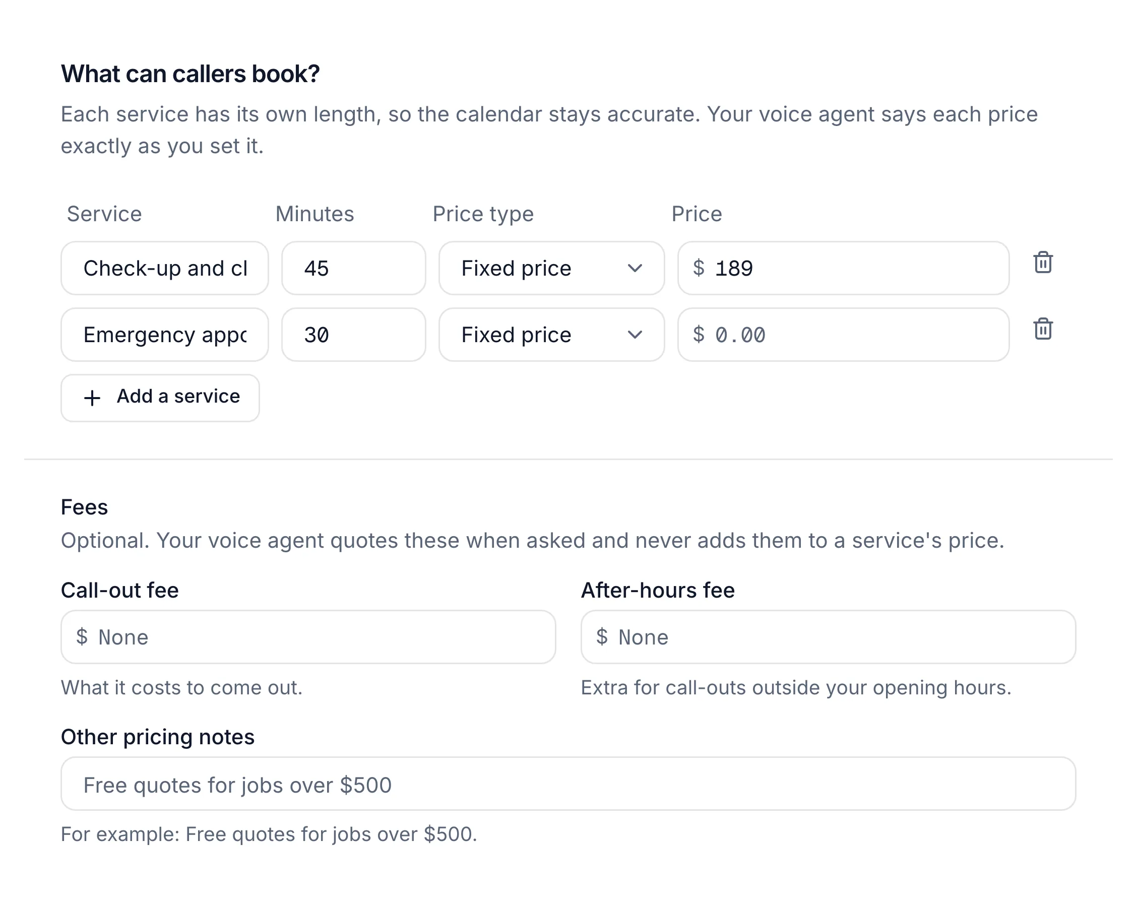 the What can callers book? card with two services filled in