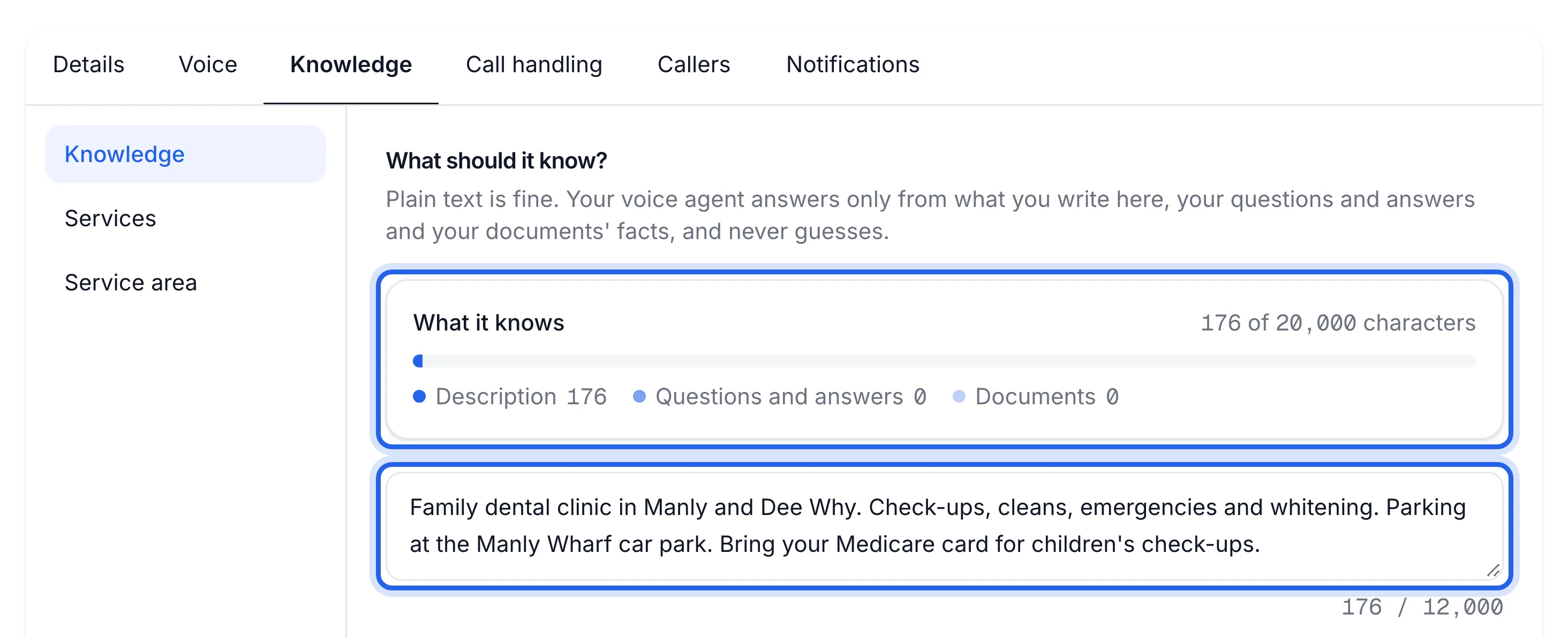 Agent page, Knowledge tab, with the description box and the "What it knows" meter highlighted