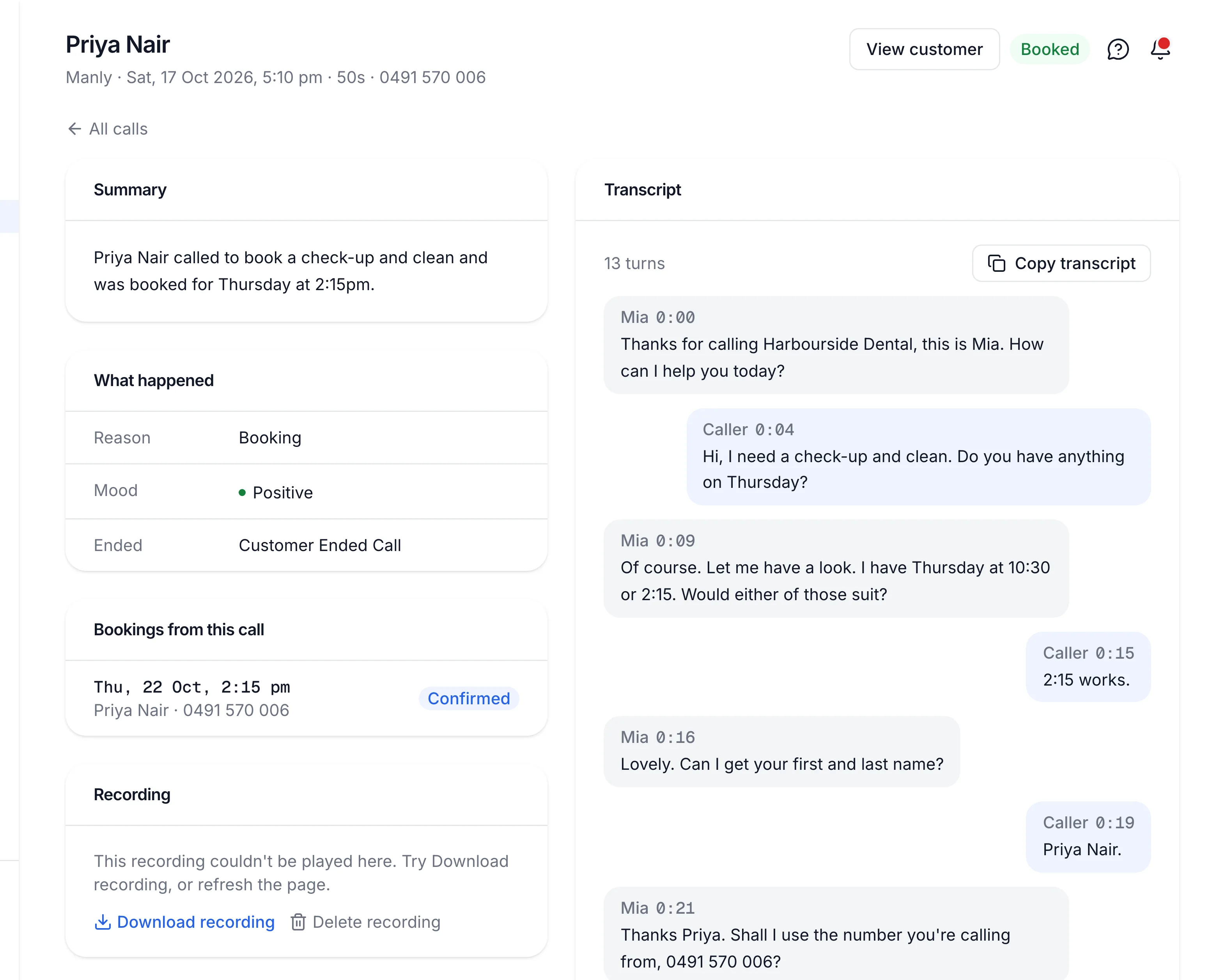 a call page showing the Summary, Recording and Transcript panels