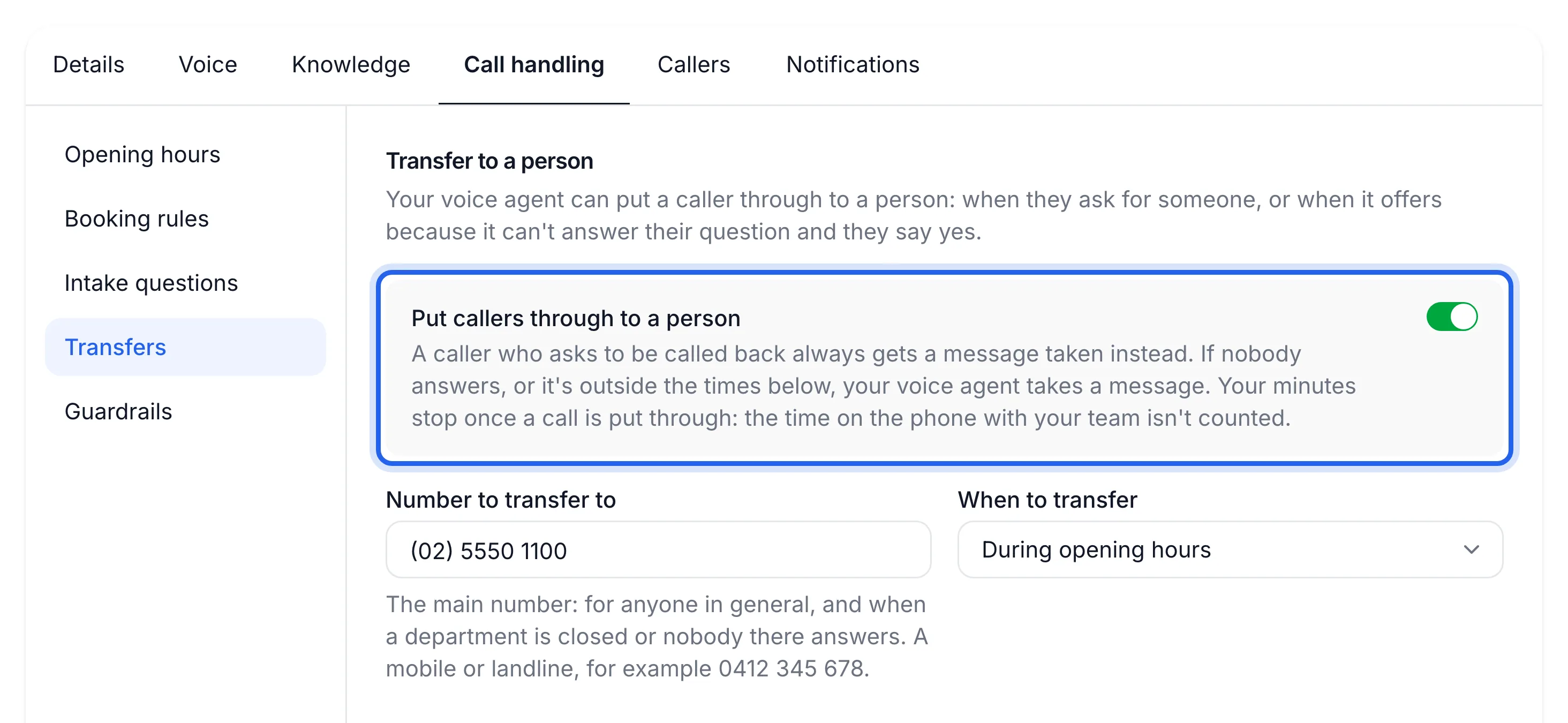 Agent page, Transfers tab, with the "Put callers through to a person" switch highlighted