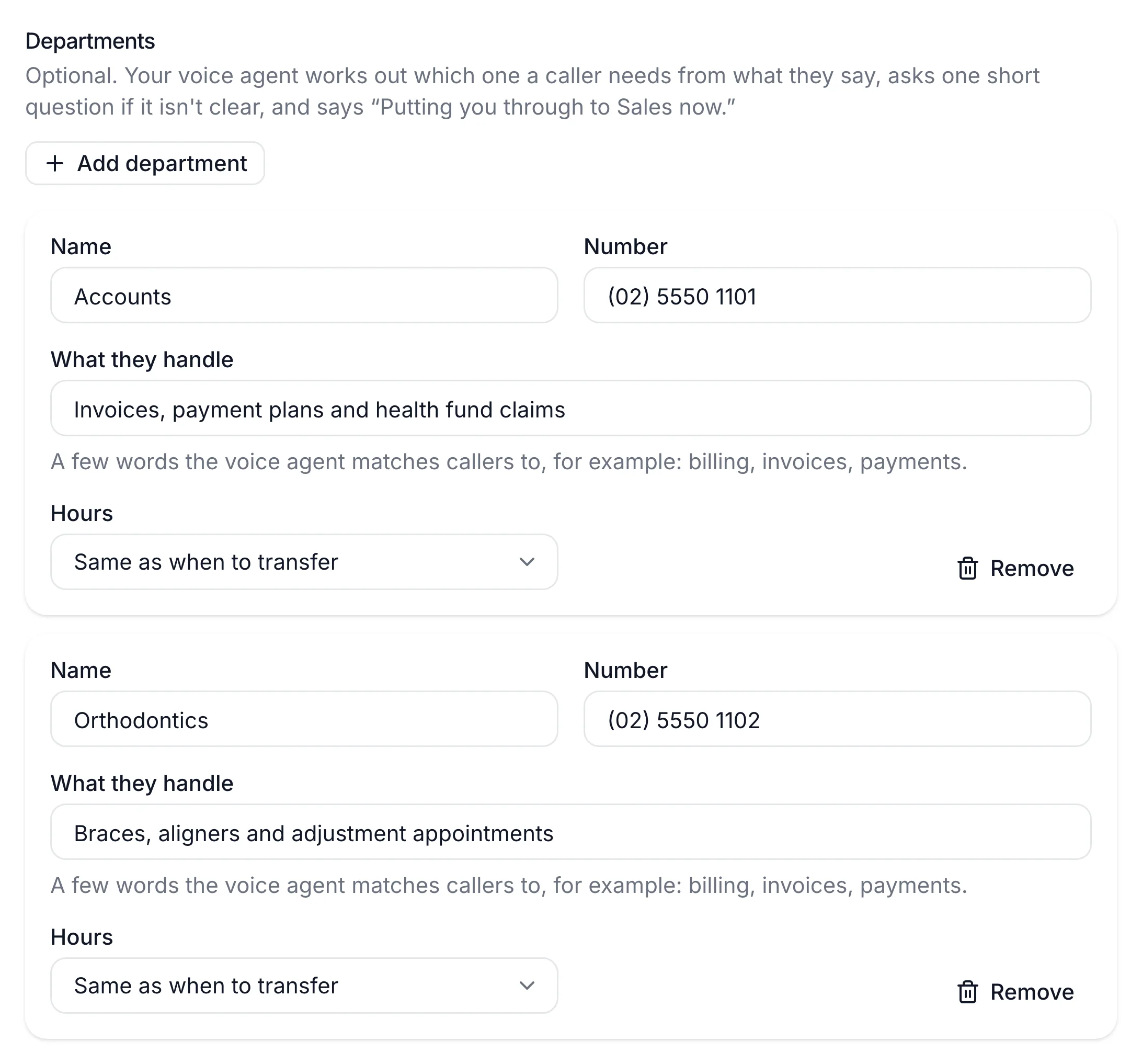 Transfers tab with two departments, Accounts and Orthodontics, filled in