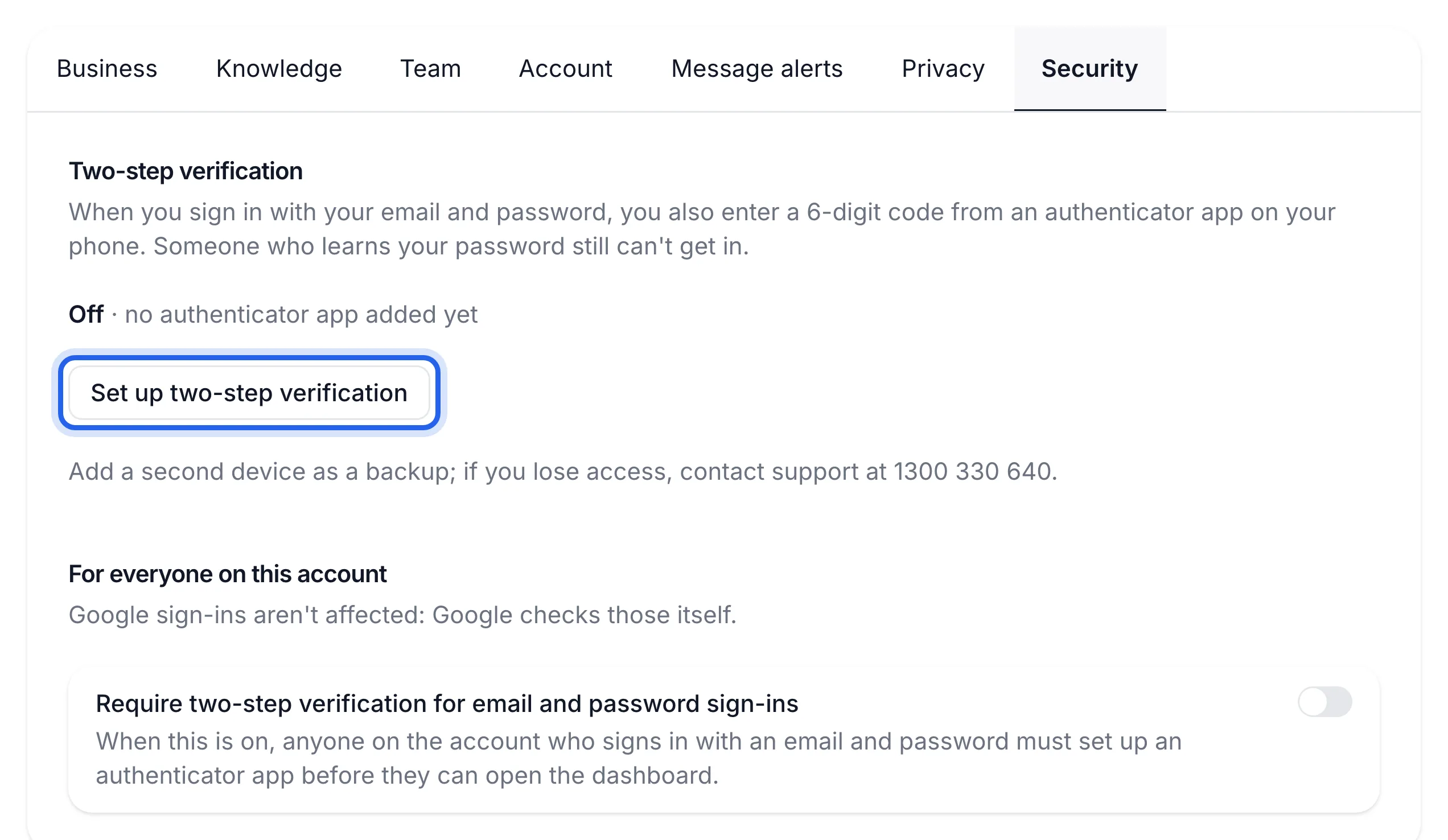 Settings, Security tab, with Set up two-step verification highlighted