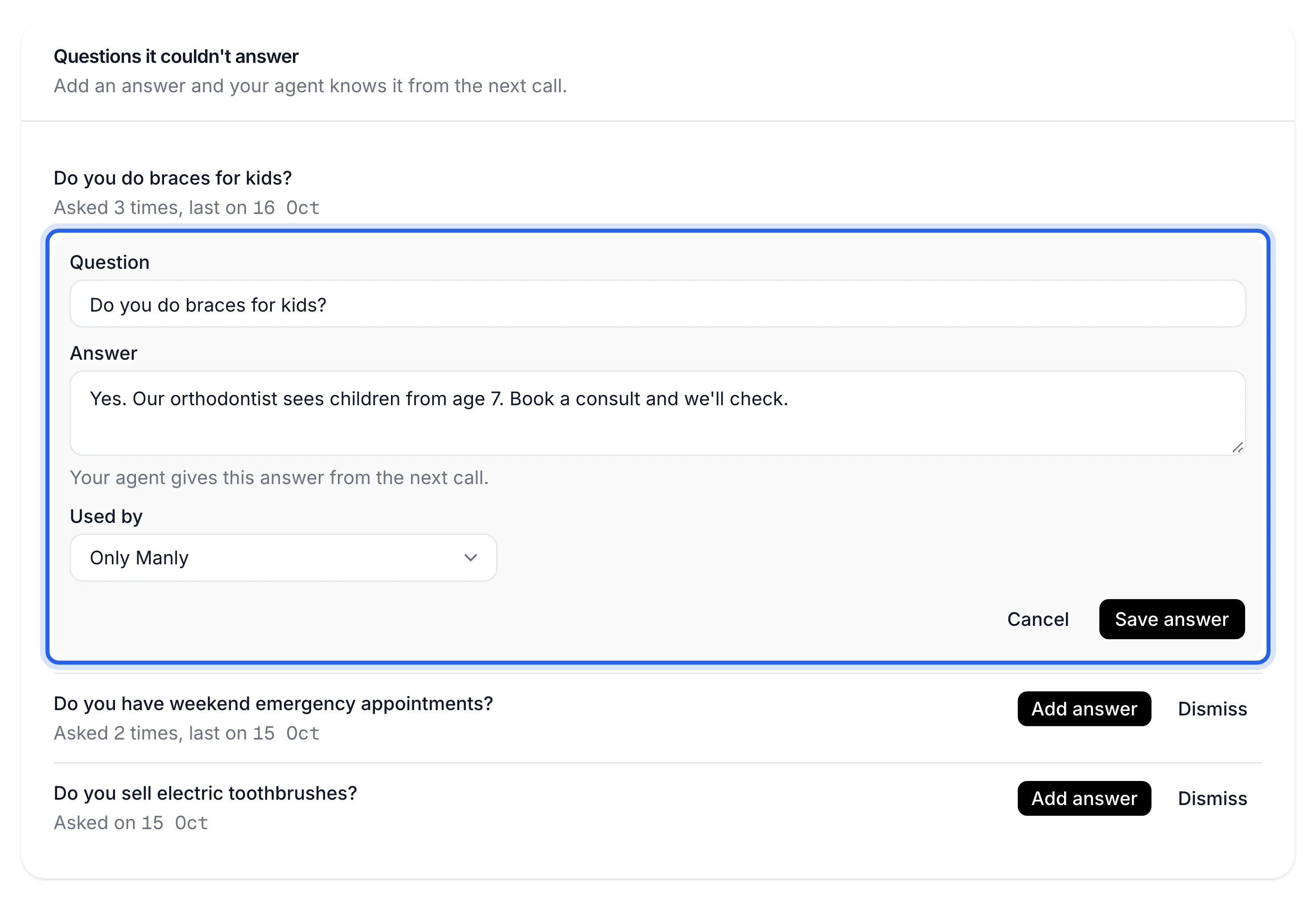 an open Add answer form under a question, with Question, Answer and Used by fields