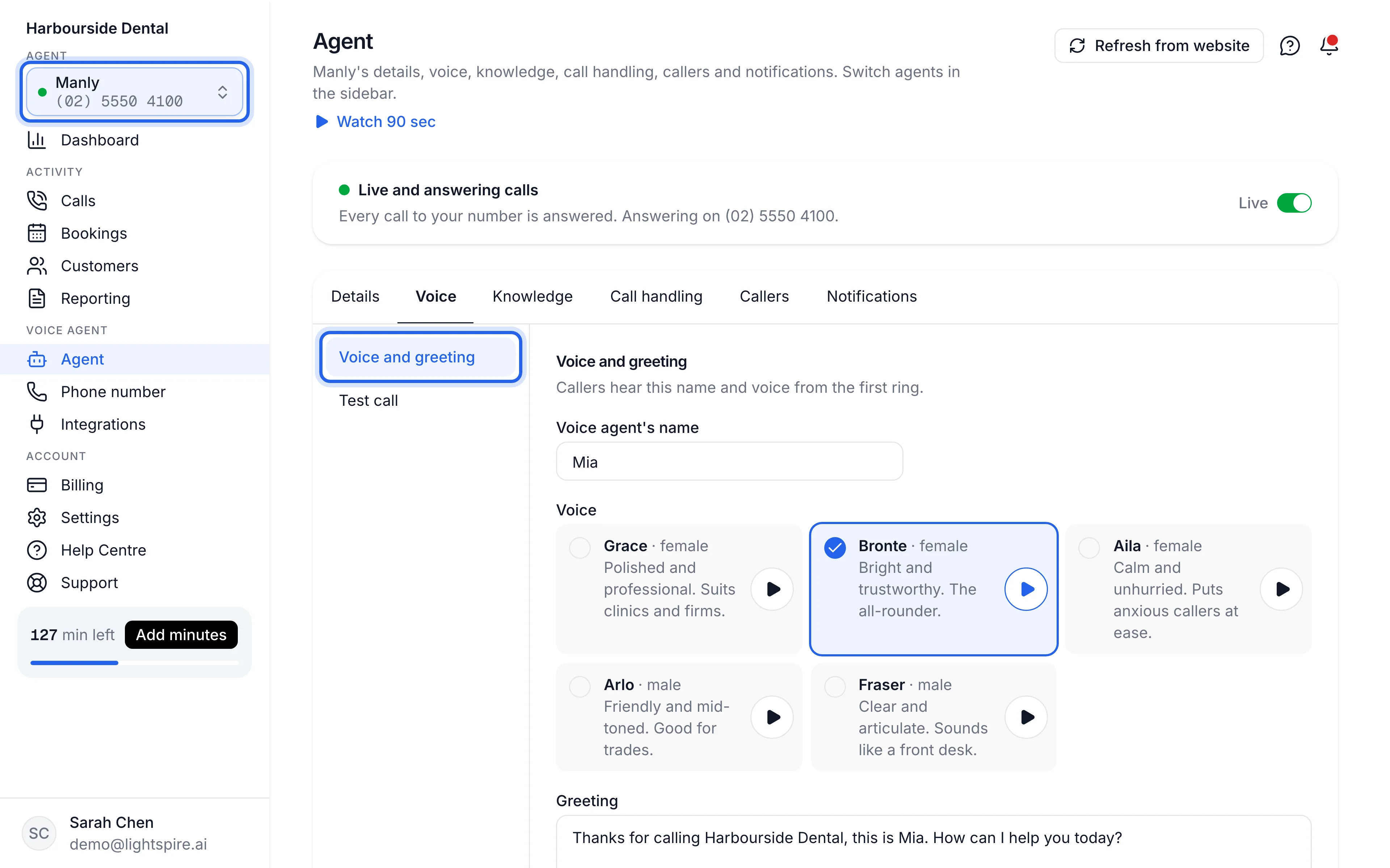 Agent page, Voice and greeting tab, with the tab and the agent switcher in the sidebar highlighted